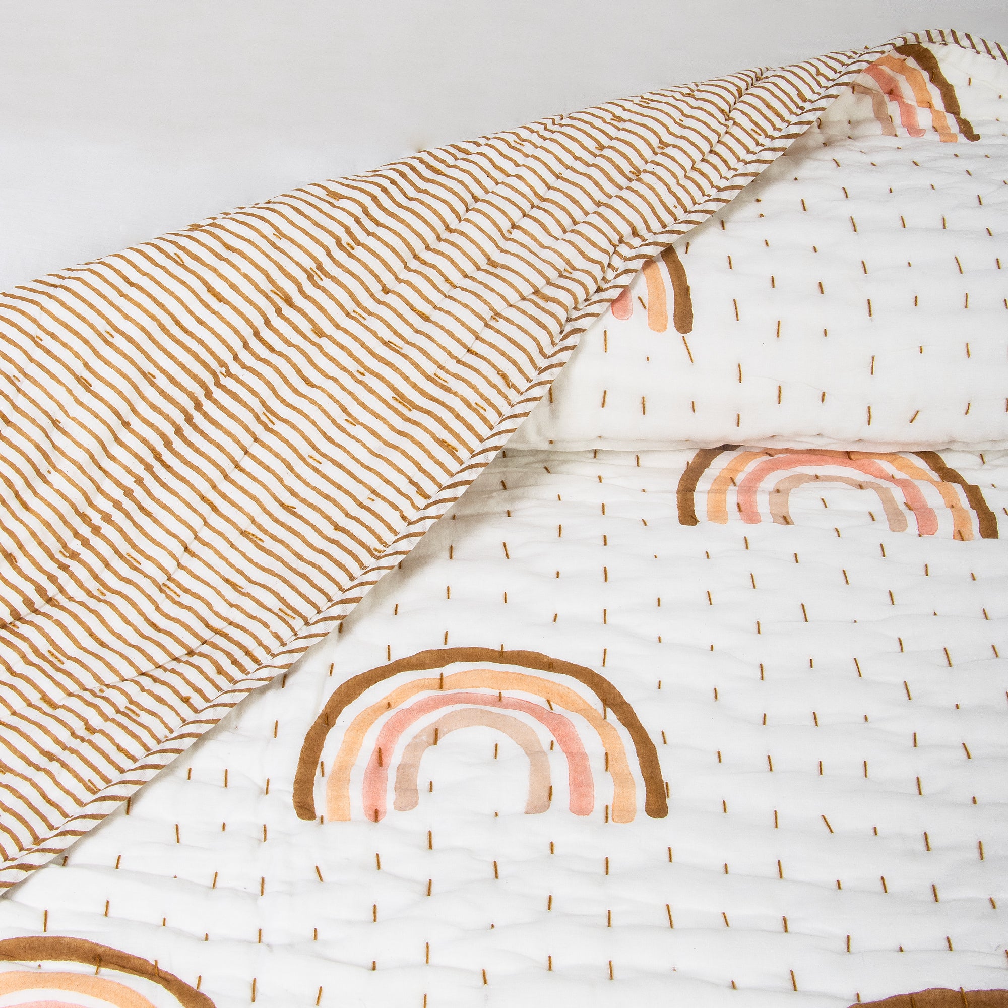 Rainbow Hand Block Printed Reversible Cotton Kantha Quilt