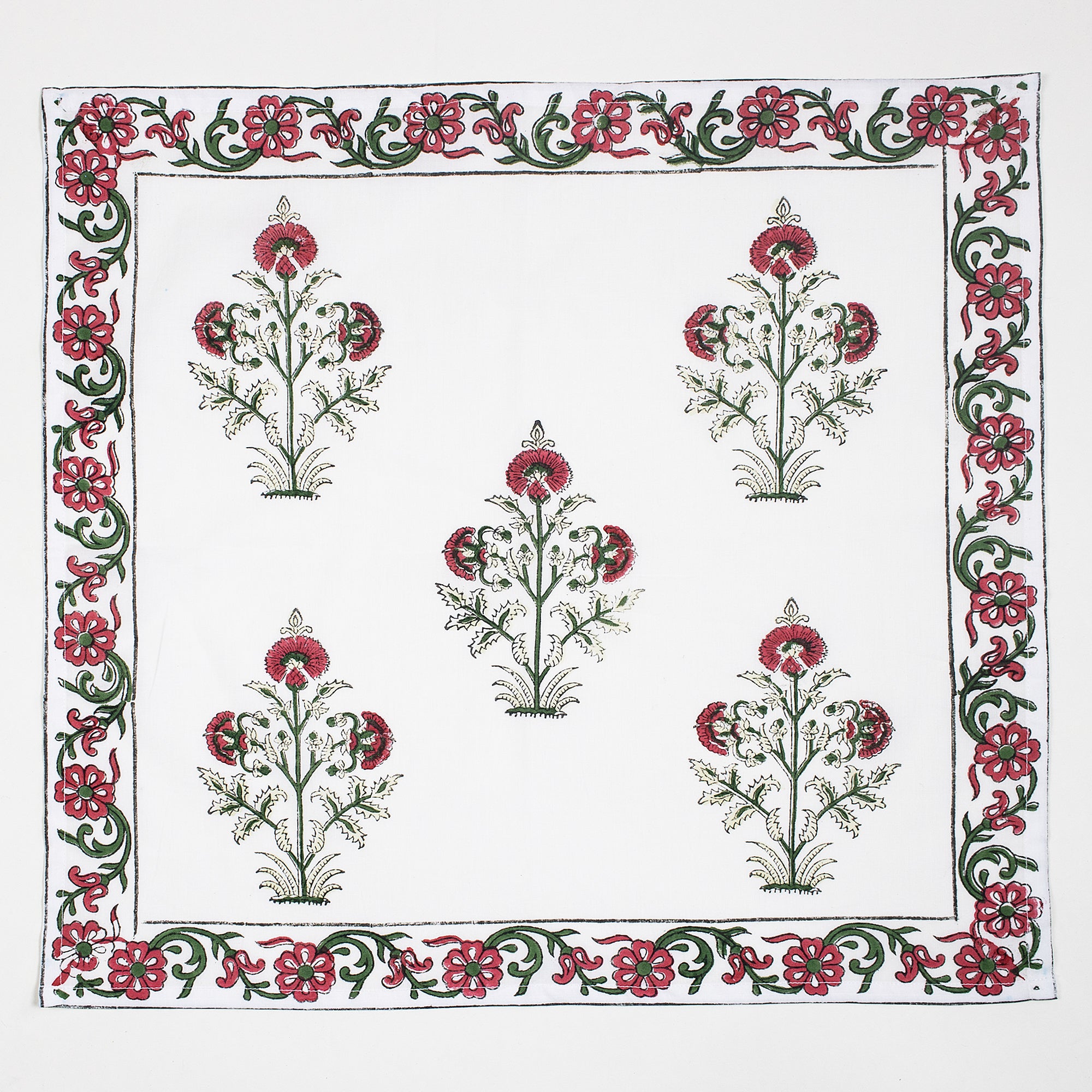 Red Floral Cotton Hand Block Printed Table Napkin For Dinner