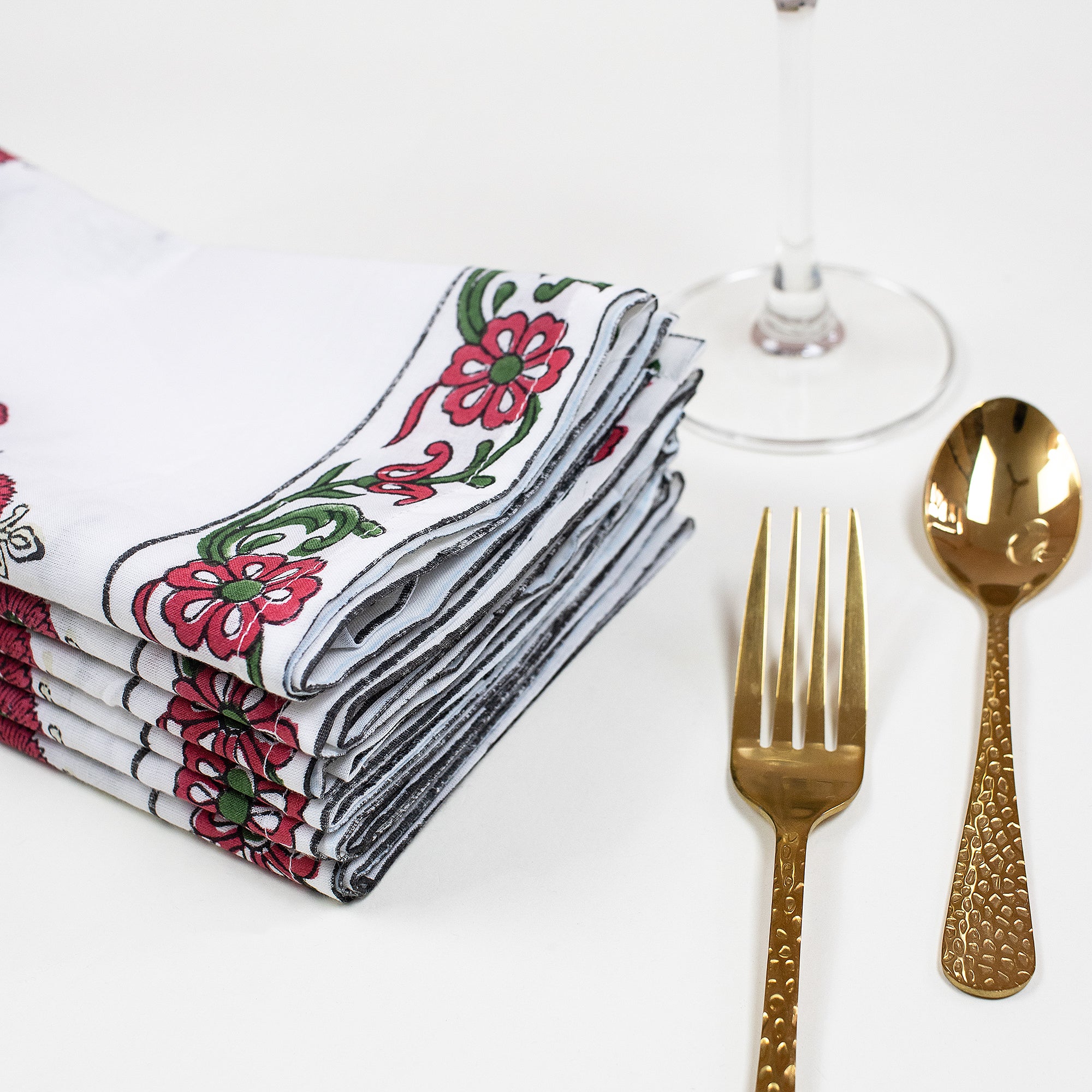 Red Floral Cotton Hand Block Printed Table Napkin For Dinner