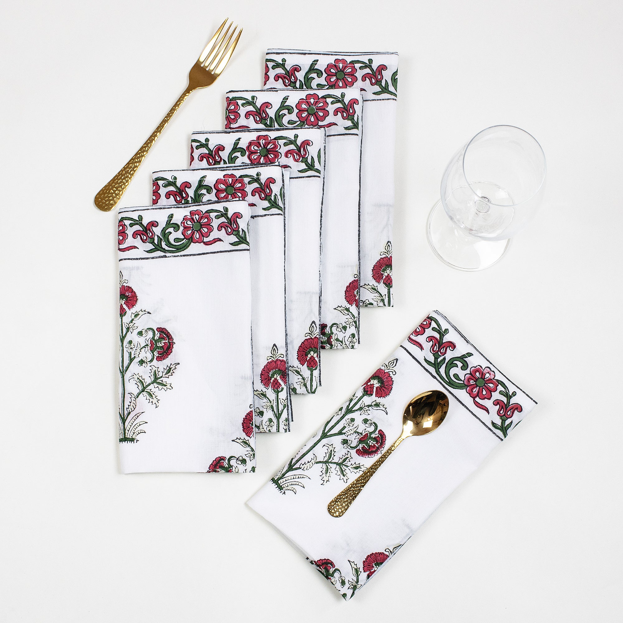 Red Floral Cotton Hand Block Printed Table Napkin For Dinner