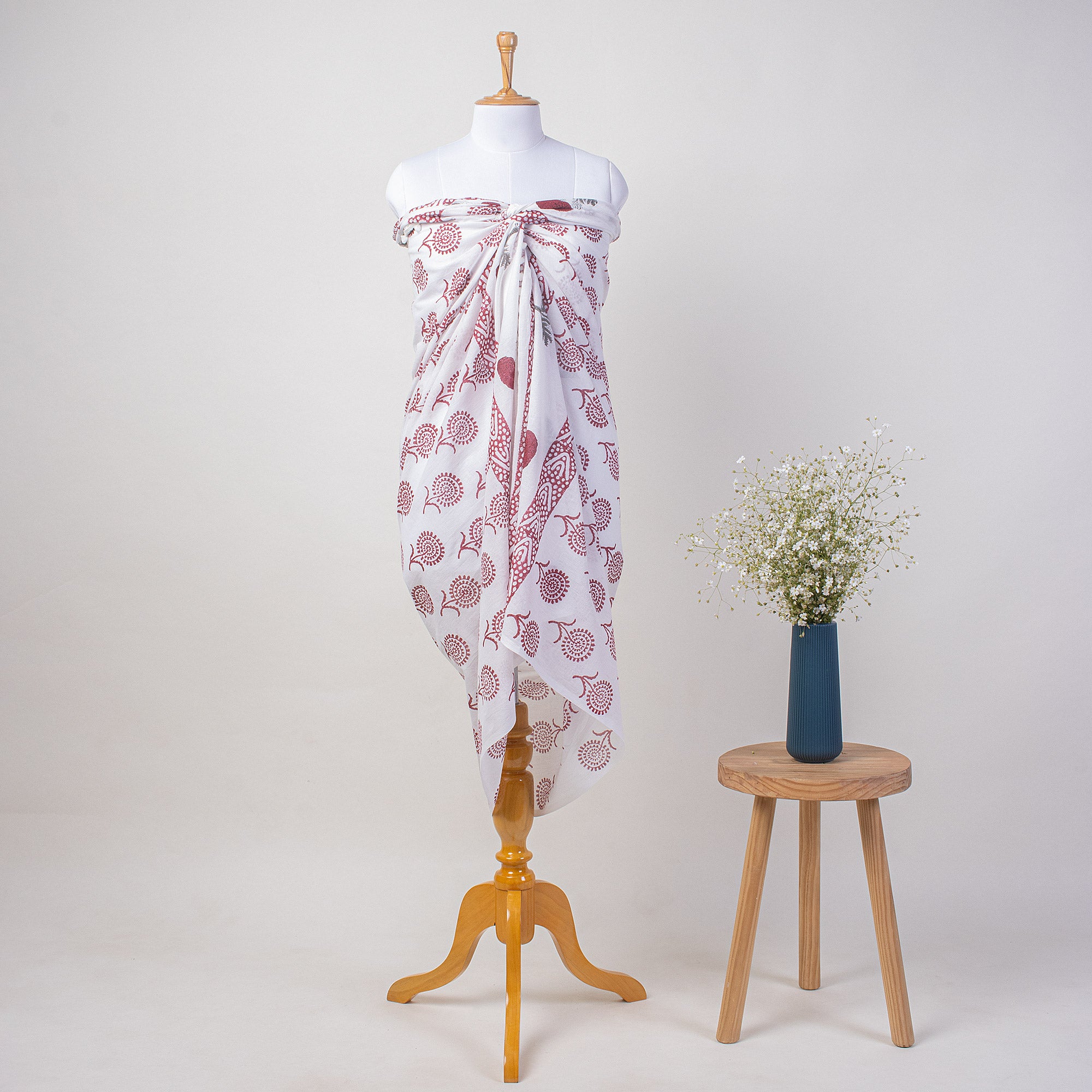 Red Floral Hand Block Print Beach Sarong Wrap For Women