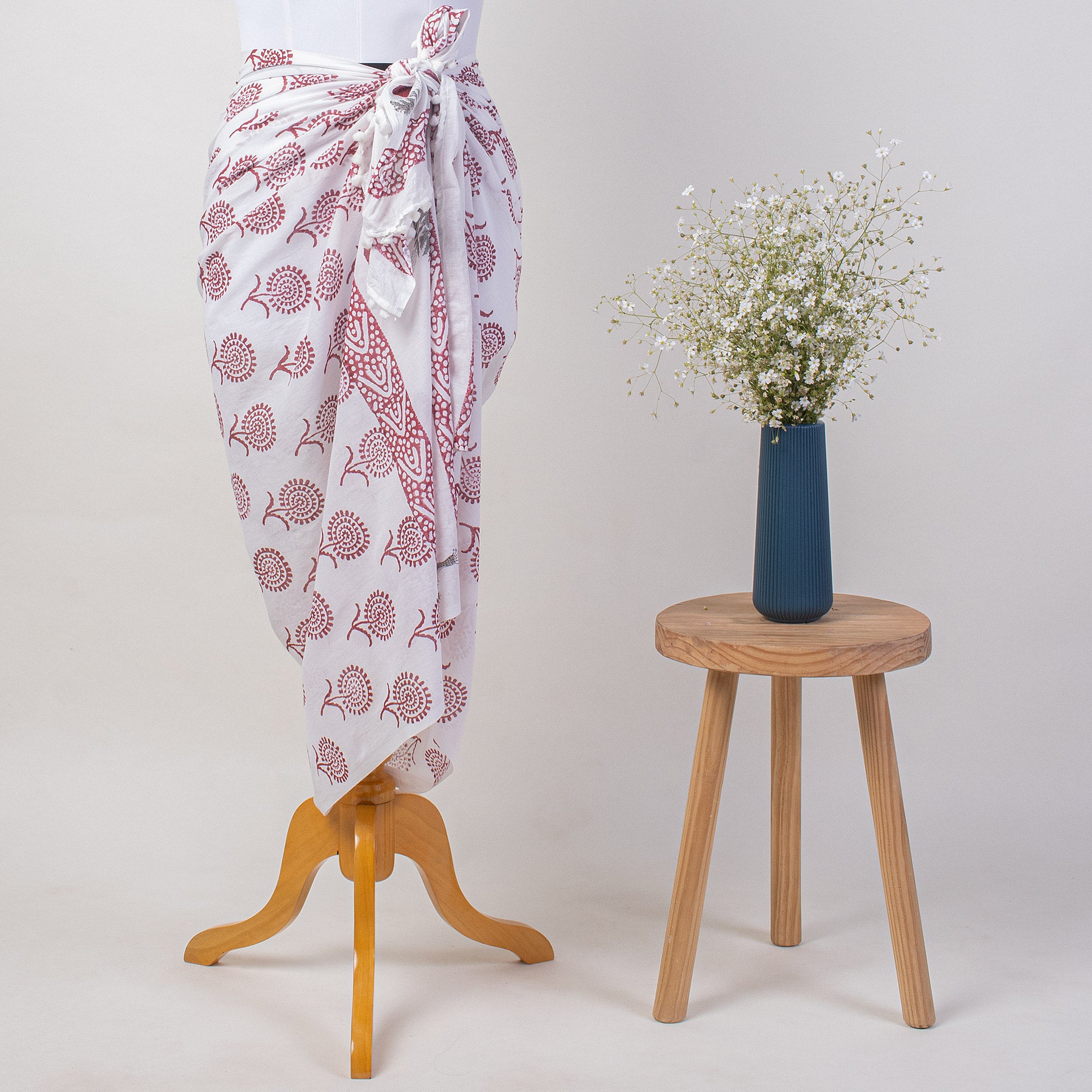 Red Floral Hand Block Print Beach Sarong Wrap For Women