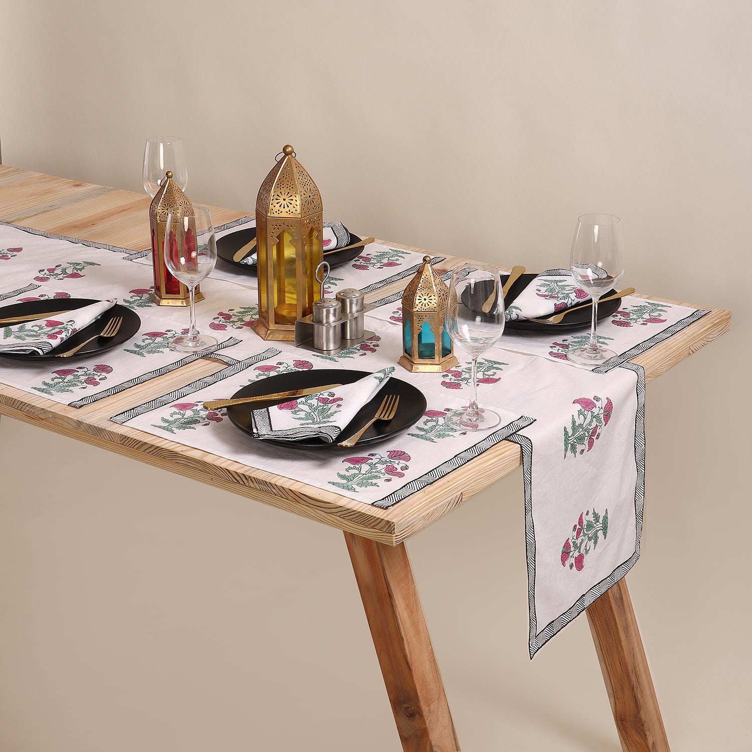 Red Floral Hand Block Printed Cotton Holiday Table Runner