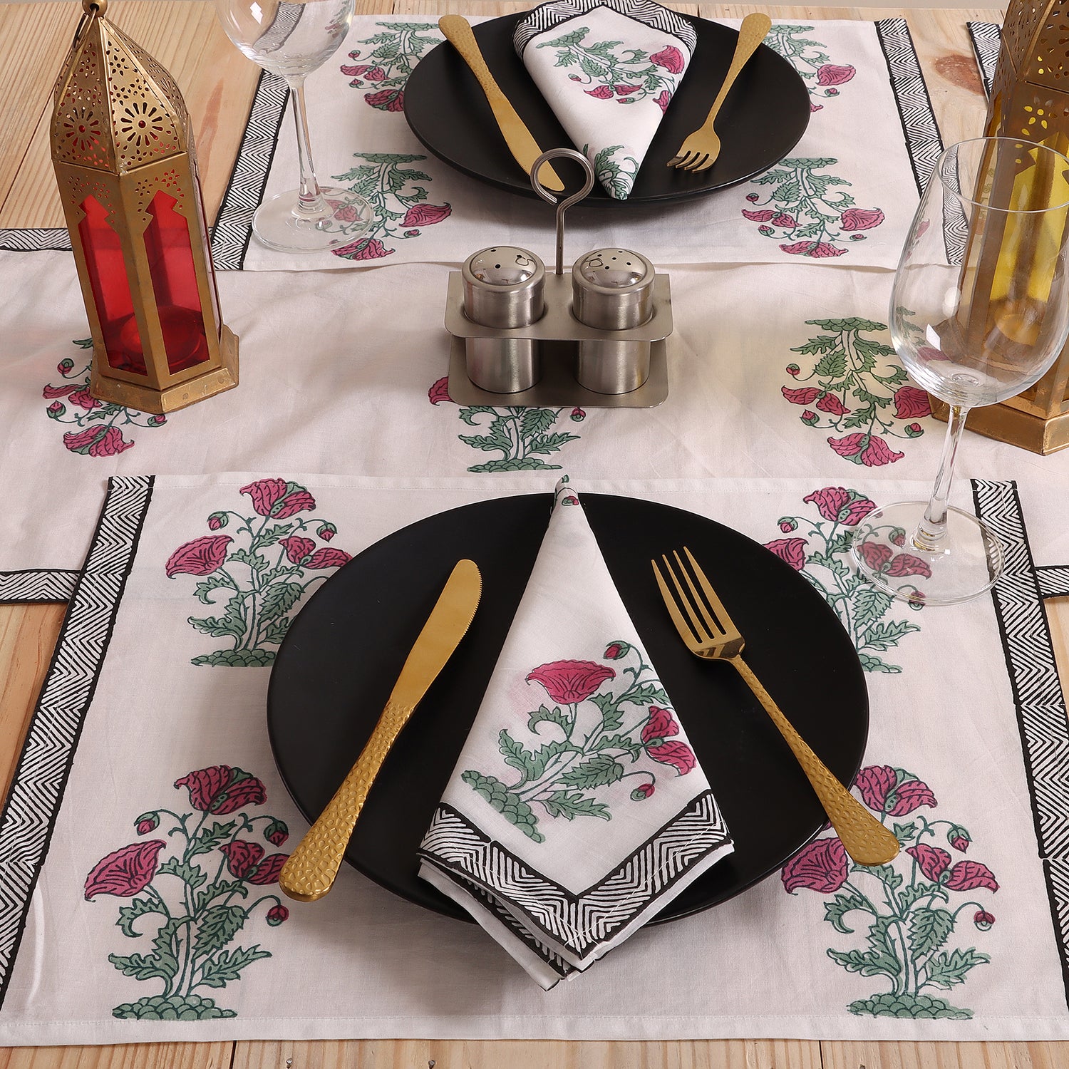 Red Floral Hand Block Printed Cotton Holiday Table Runner