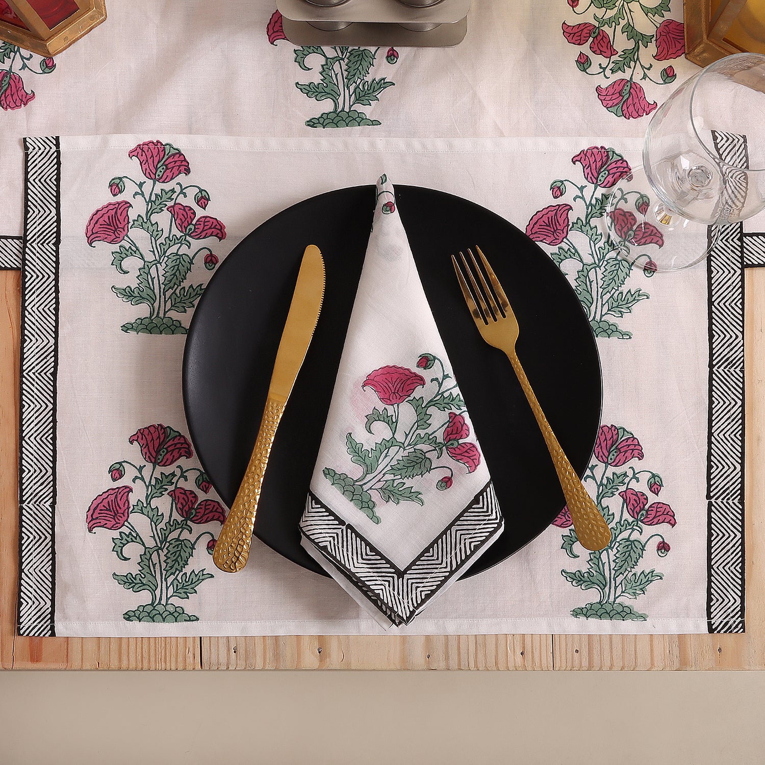 Red Floral Hand Block Printed Cotton Holiday Table Runner