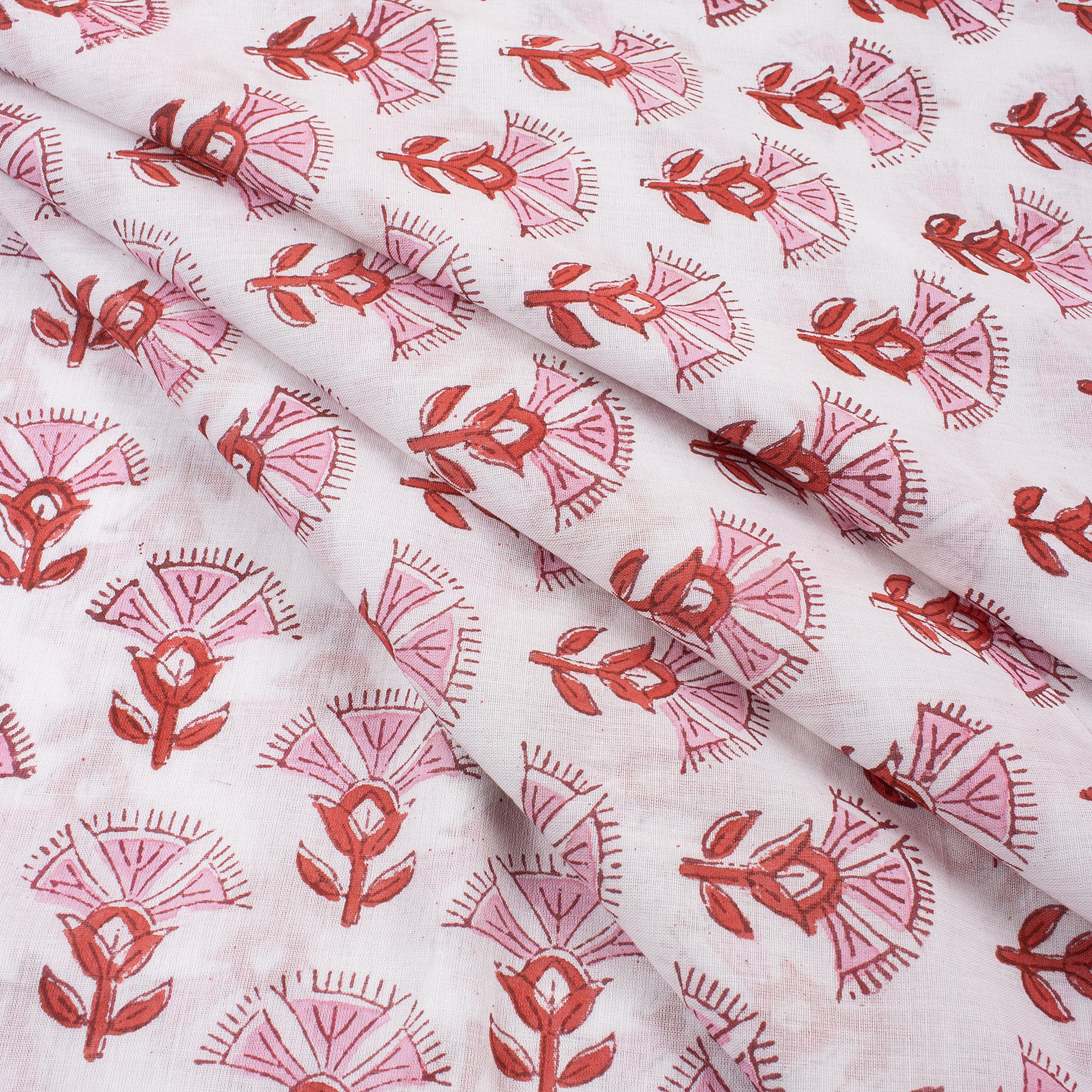 Red Floral Indian Block Print Fabric For Dress Material