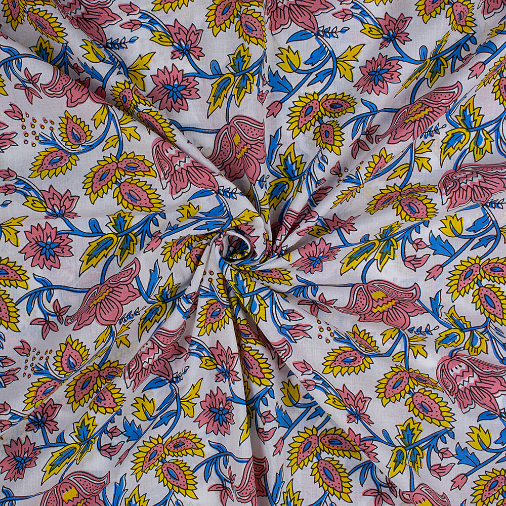 Red Floral Pure Cotton Hand Block Printed Fabric by Yard