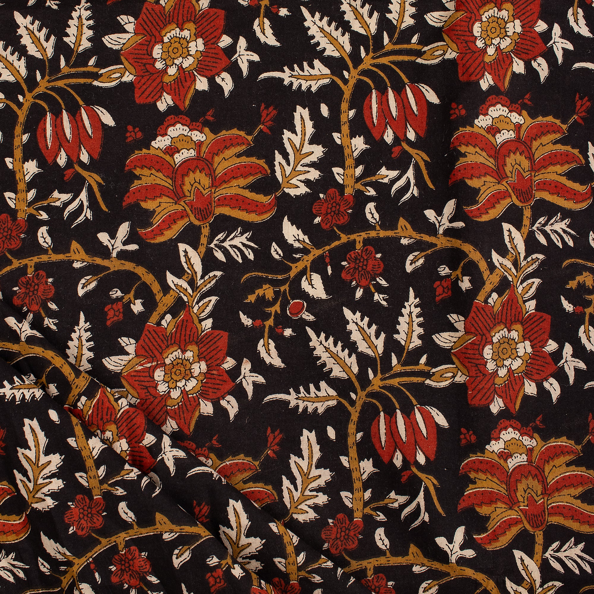 Red Floral Pure Cotton Hand Printed Bagru Fabric