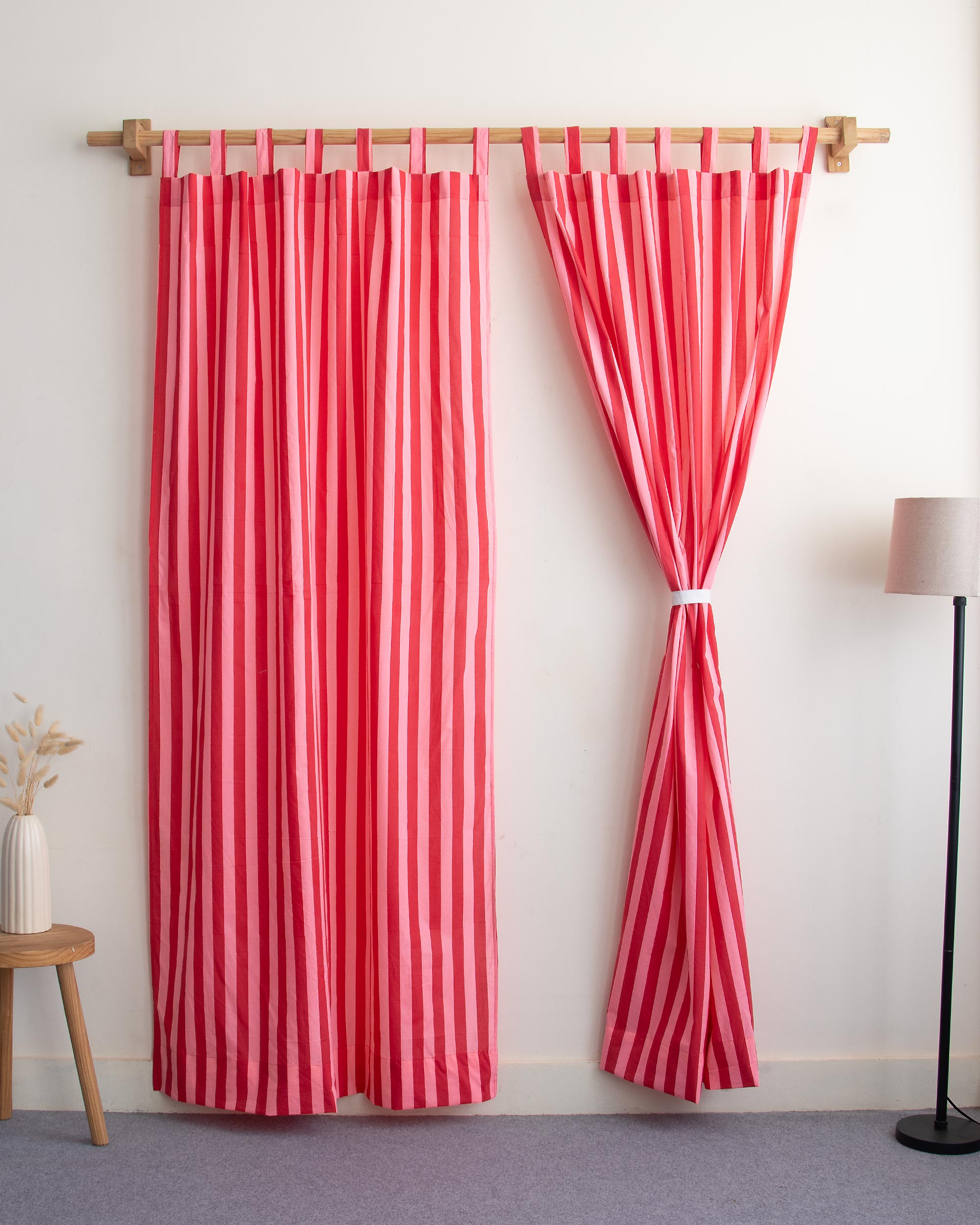 Red Striped Block Printed Cotton Curtains Online