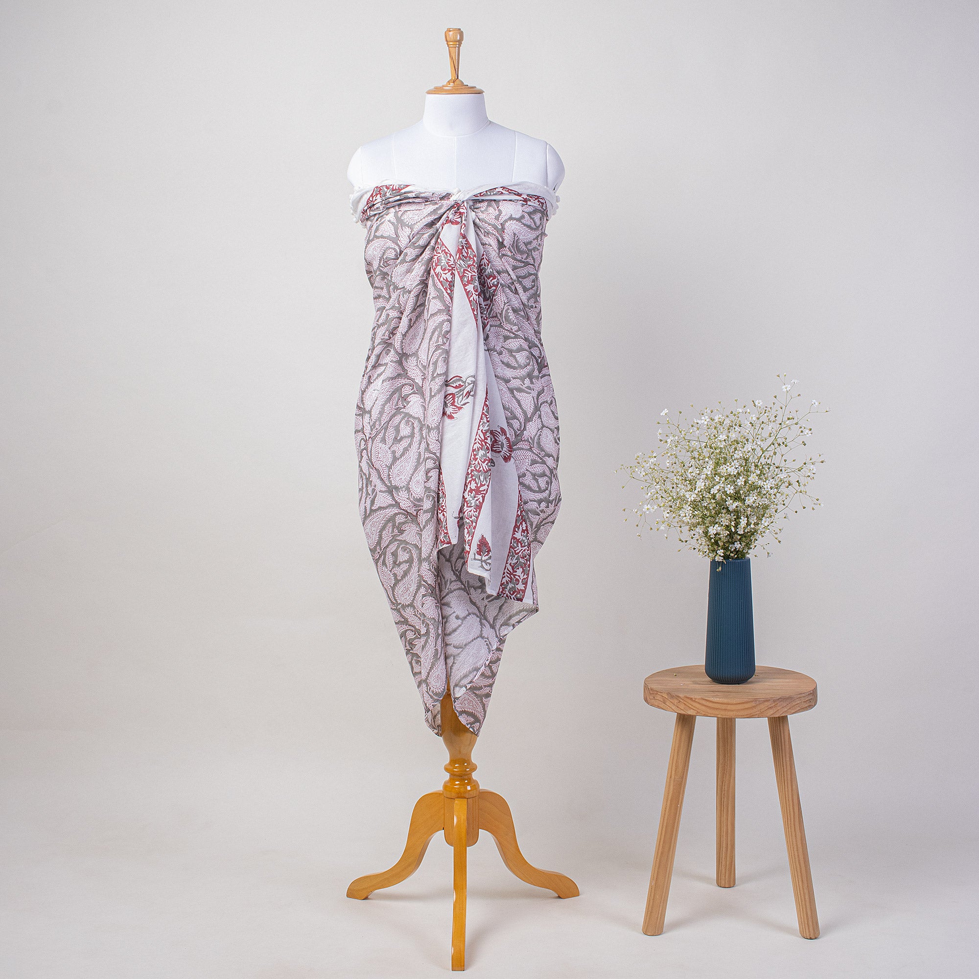 Red paisley Hand Block Print Cotton Summer Sarong For Ladies