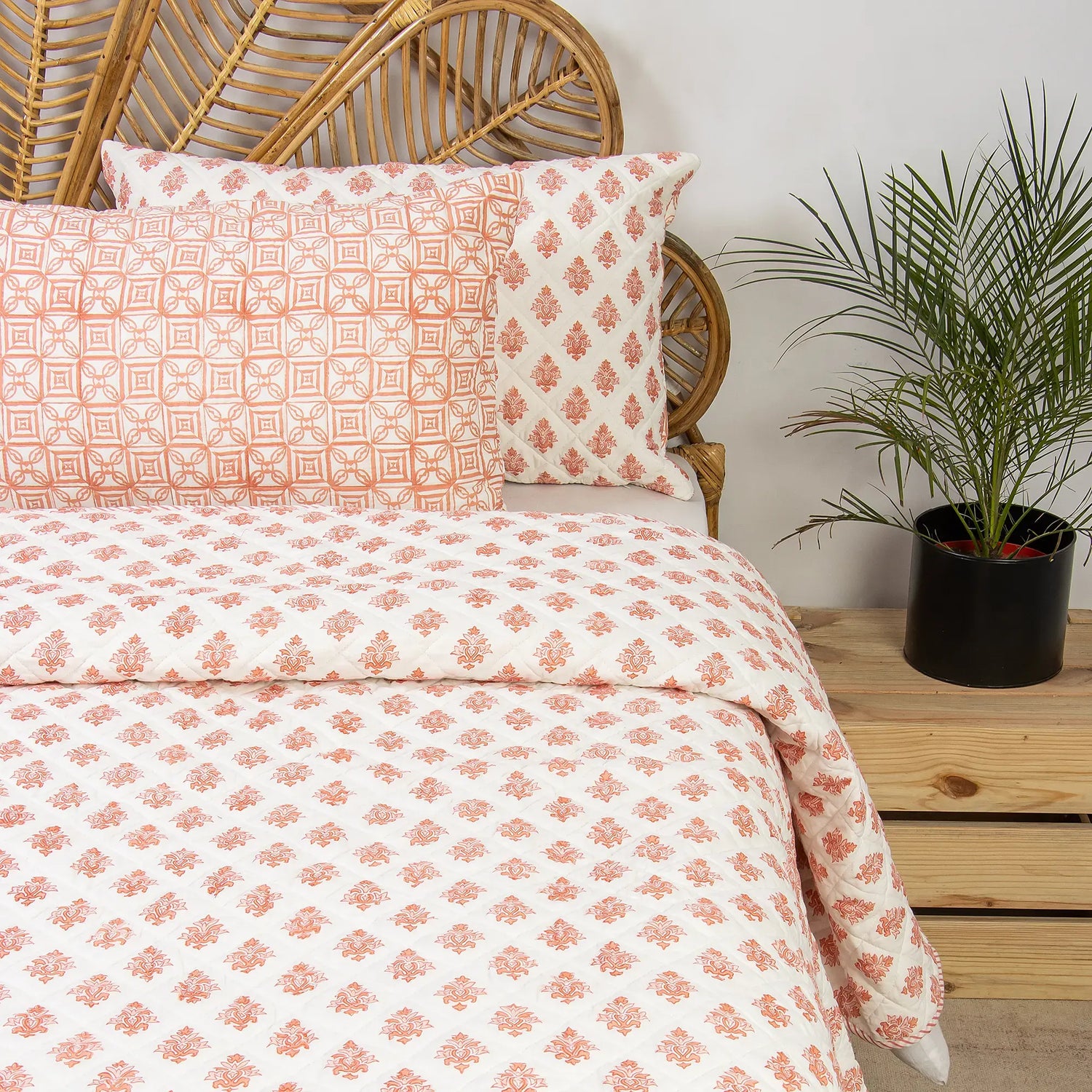 Reversable Orange Floral Hand Block Printed Machine Cotton Quilt with Pillow Cover
