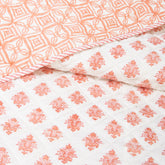 Reversable Orange Floral Hand Block Printed Machine Cotton Quilt with Pillow Cover