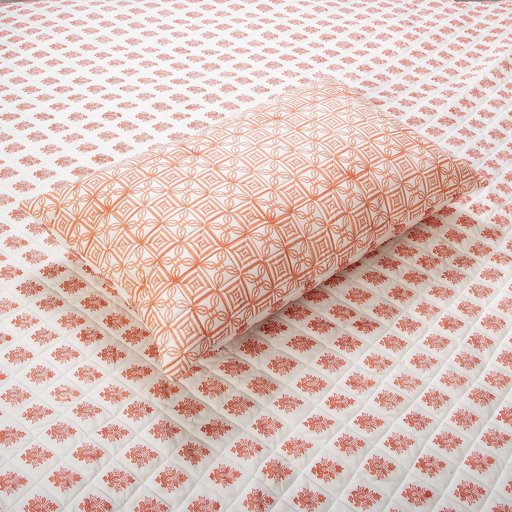 Reversable Orange Floral Hand Block Printed Machine Cotton Quilt with Pillow Cover