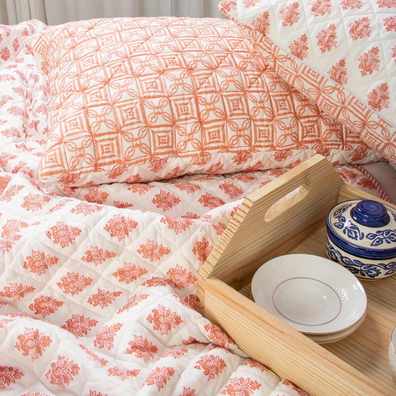 Reversable Orange Floral Hand Block Printed Machine Cotton Quilt with Pillow Cover
