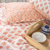 Reversable Orange Floral Hand Block Printed Machine Cotton Quilt with Pillow Cover