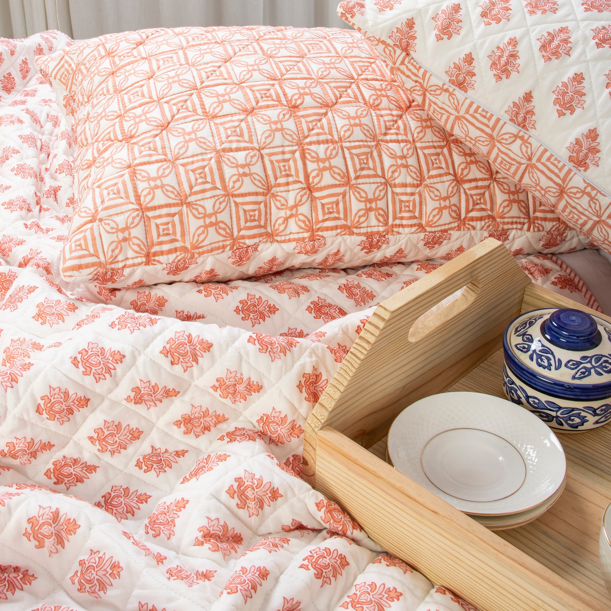 Reversable Orange Floral Hand Block Printed Machine Cotton Quilt with Pillow Cover
