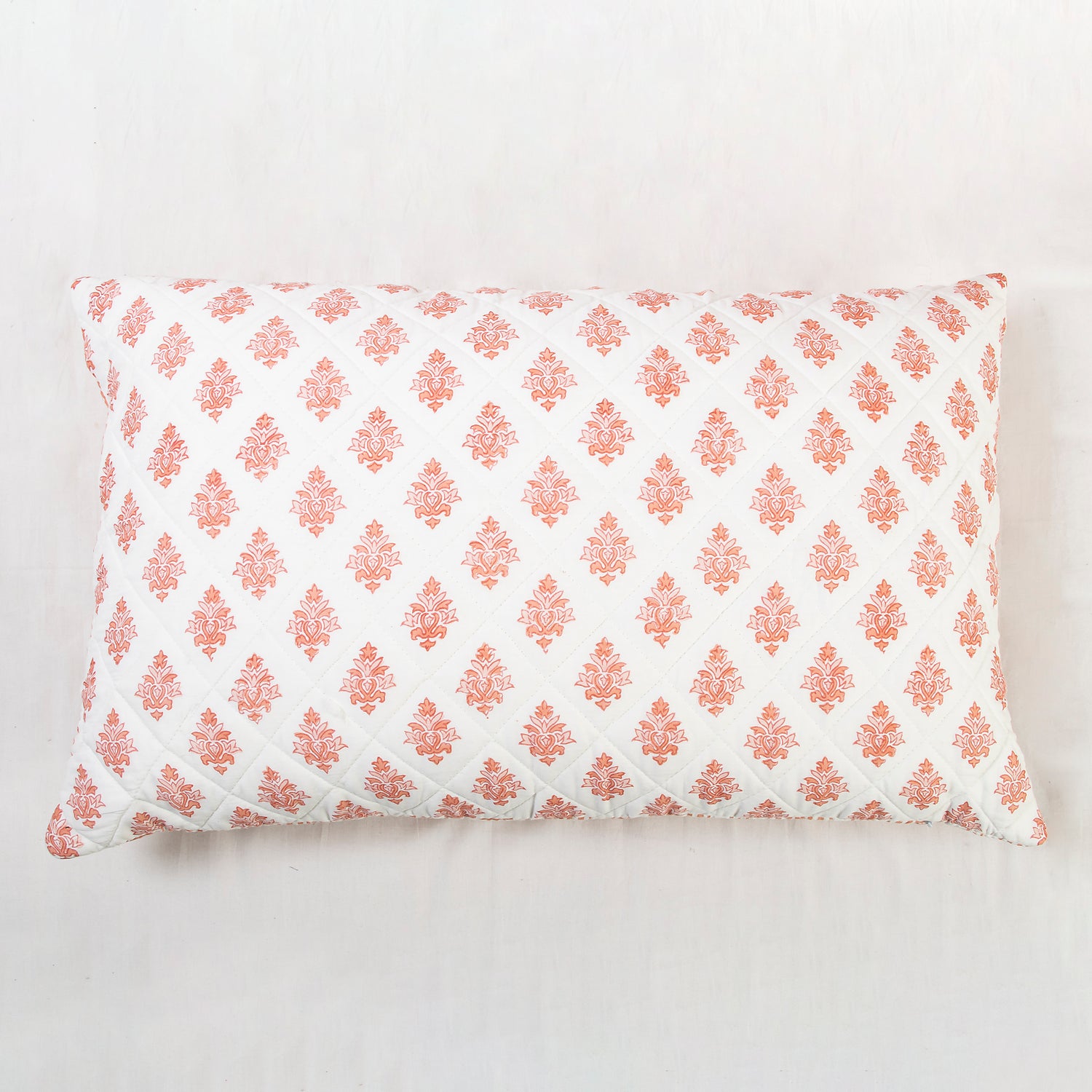 Reversable Orange Floral Hand Block Printed Machine Cotton Quilt with Pillow Cover