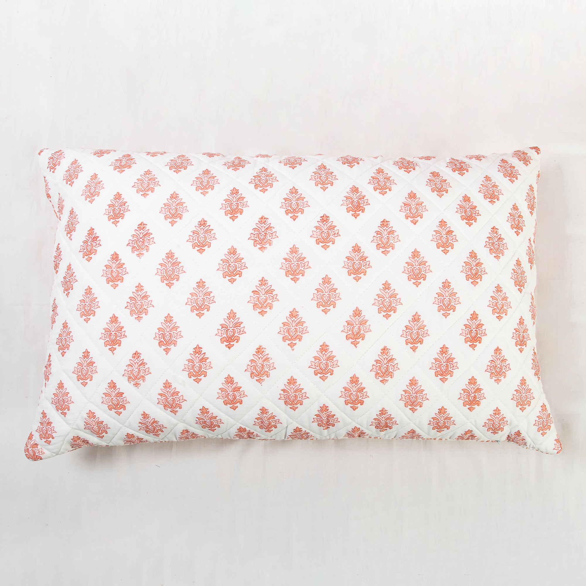 Reversable Orange Floral Hand Block Printed Machine Cotton Quilt with Pillow Cover