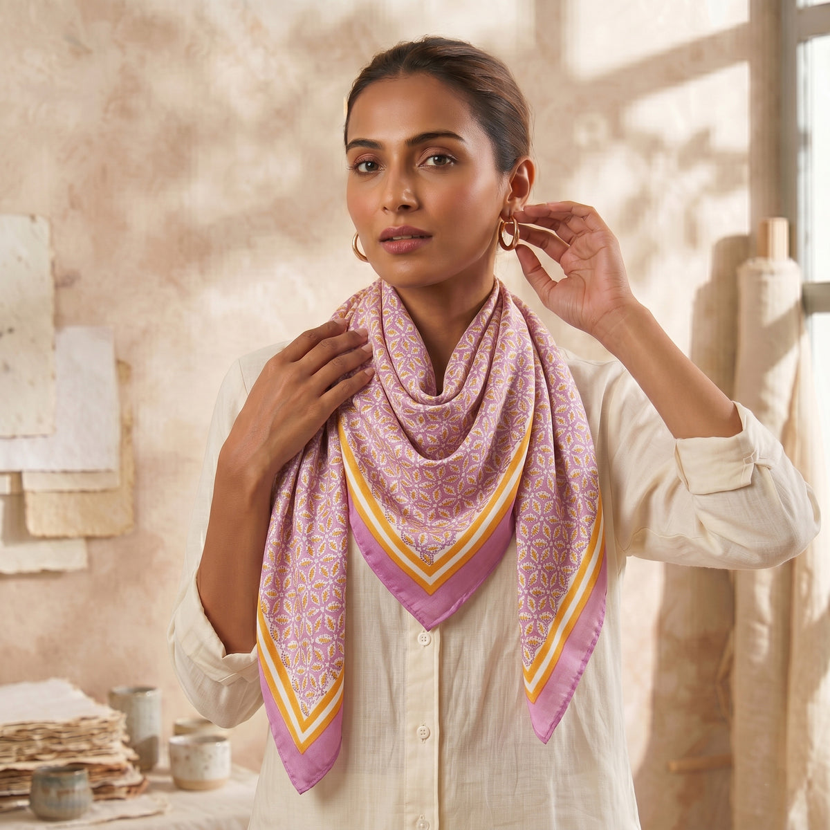 Handmade Cotton Purple Block Printed Scarf For Women