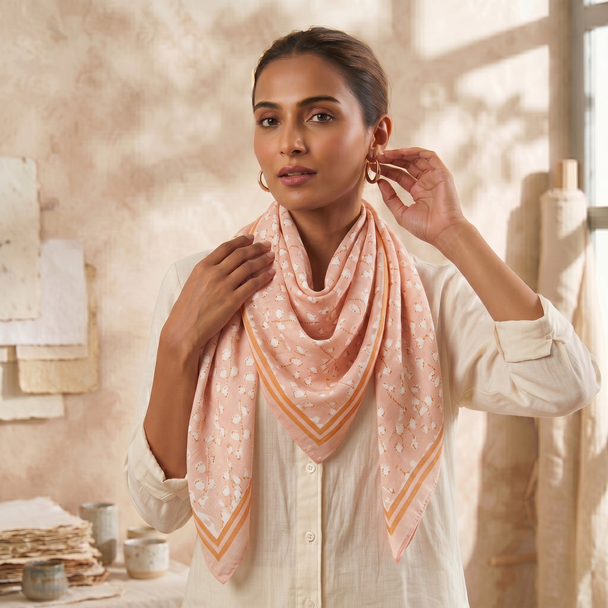 Peach Pink Printed Soft Cotton Scarf with Ivory Border
