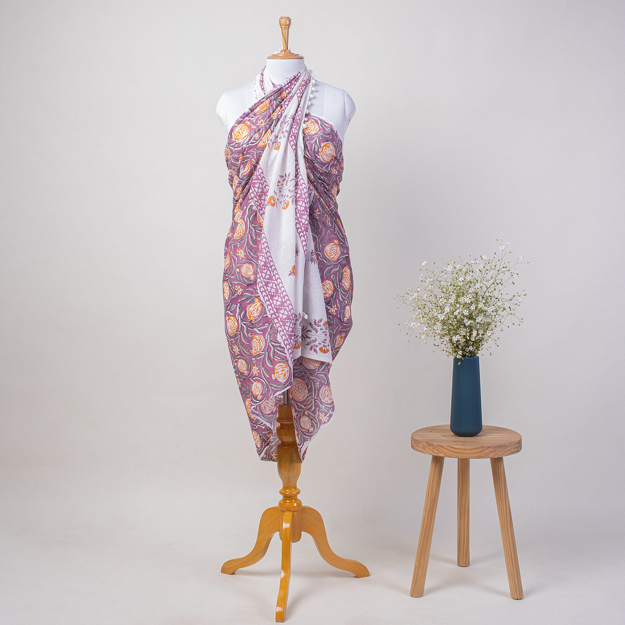 Purple Fruit Hand Block Print Cotton Beach Sarong Wrap for Women