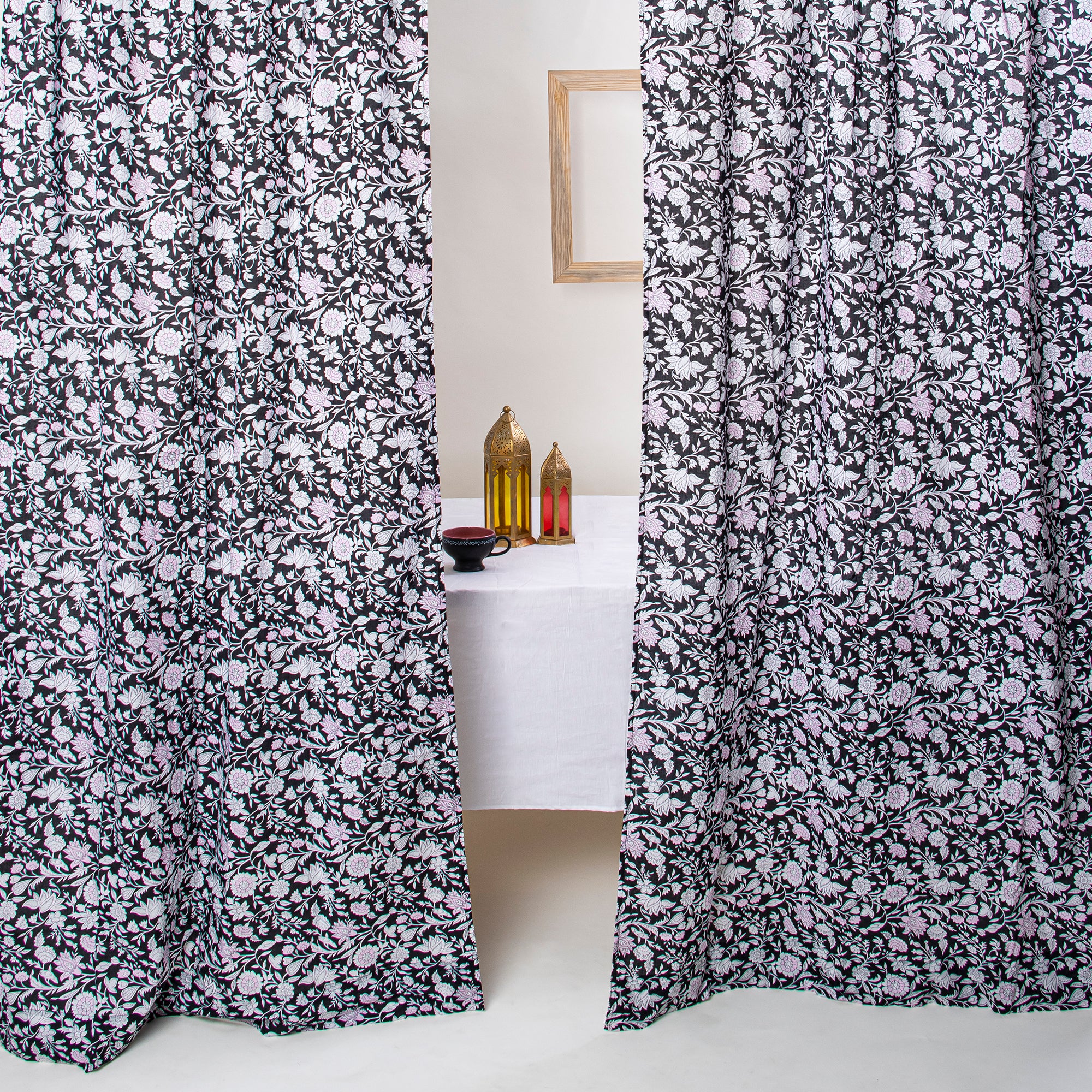 Set of 2 Indian Hand Block Print Floral Curtains