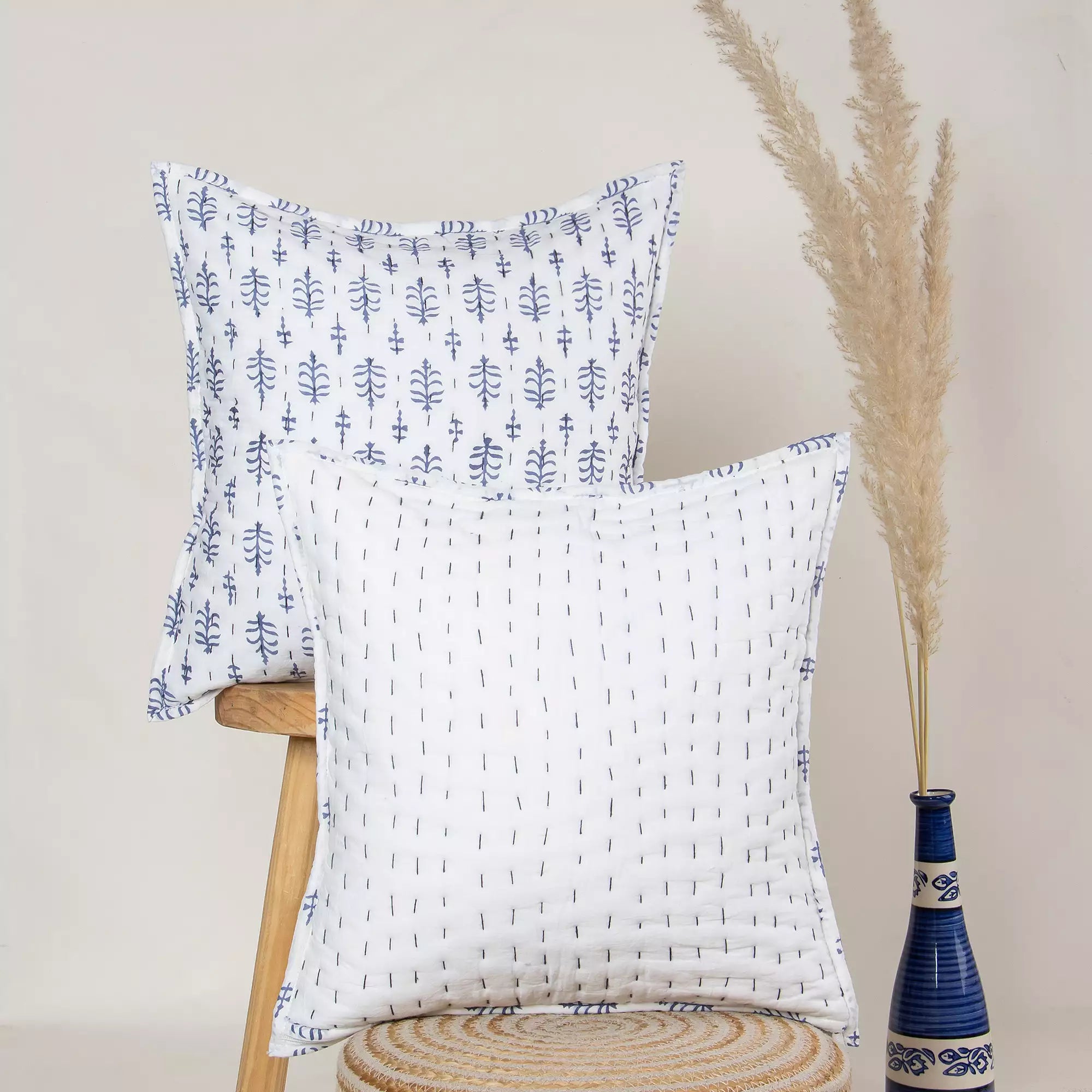 Shop Blue Pure Cotton Kantha Quilted Cushion Cover
