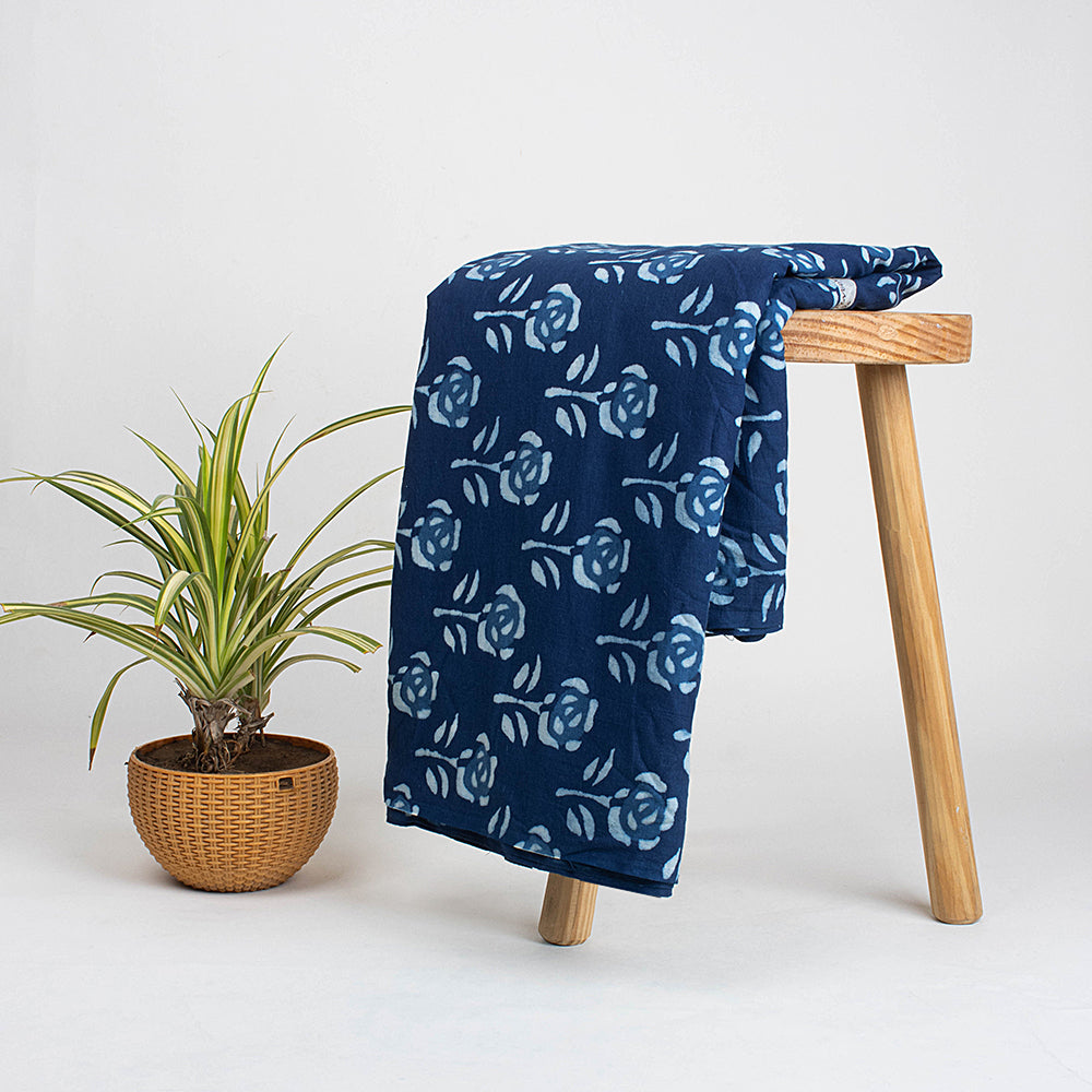 Soft Quality Indigo Floral Printed Cotton Fabric By Yard