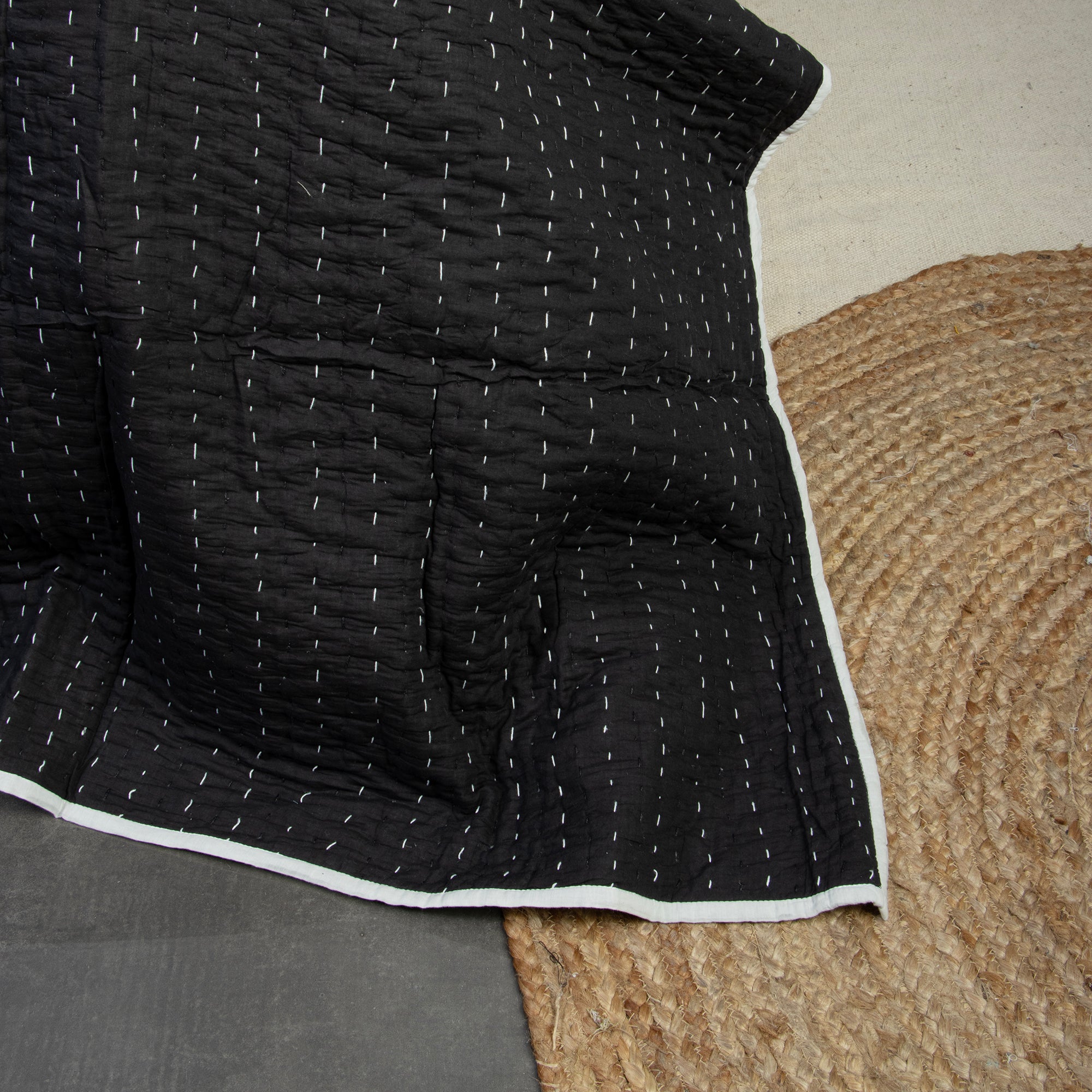 Solid Black Hand Stitched Cotton Kantha Quilt Blanket