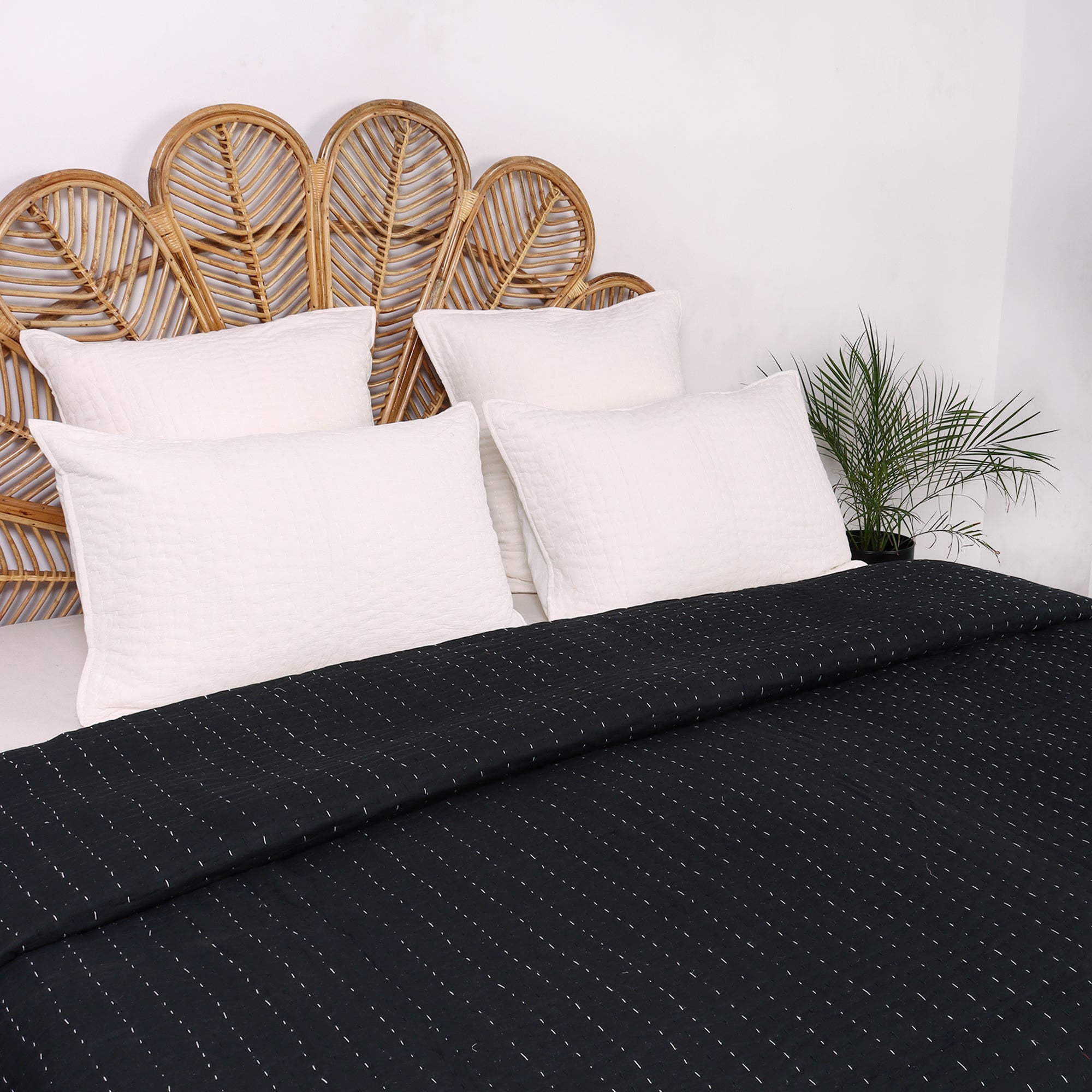 Solid Black Hand Stitched Cotton Kantha Quilt Blanket