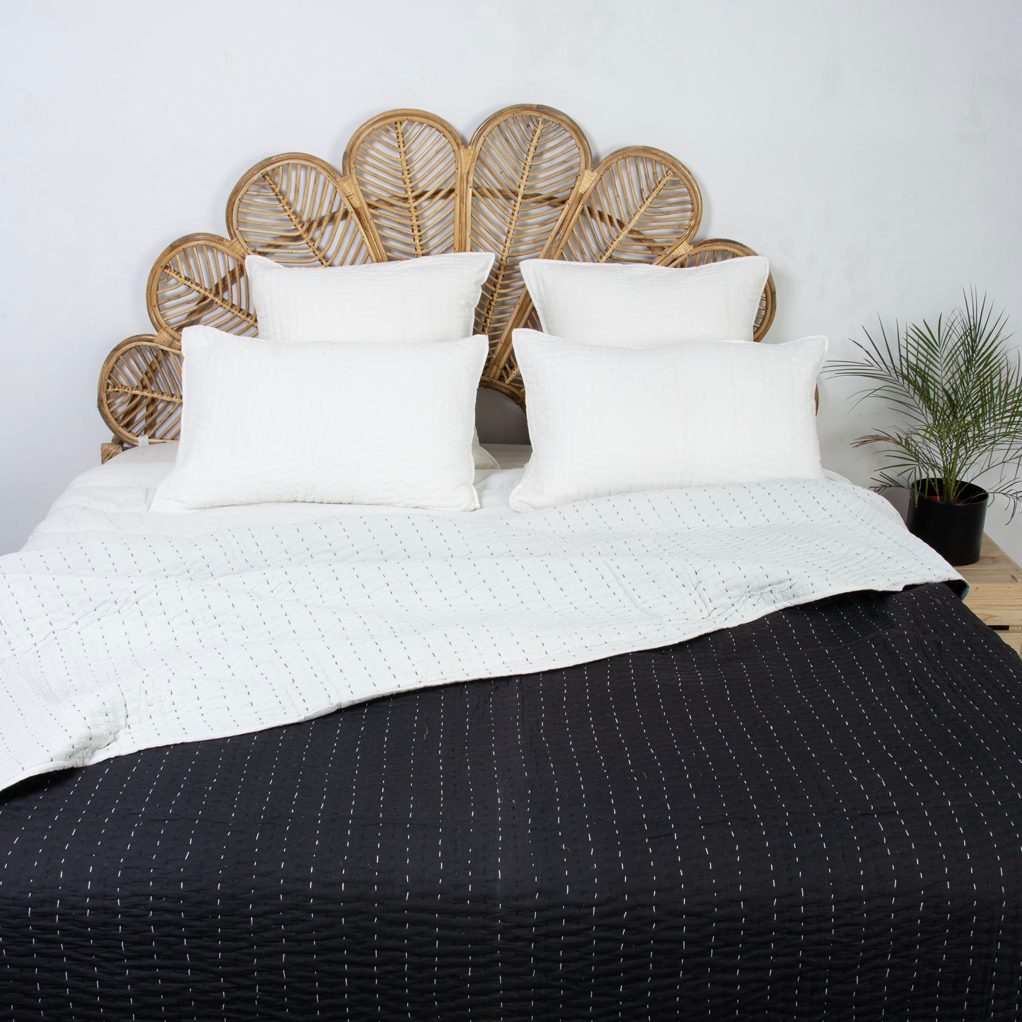 Solid Black Hand Stitched Cotton Kantha Quilt Blanket