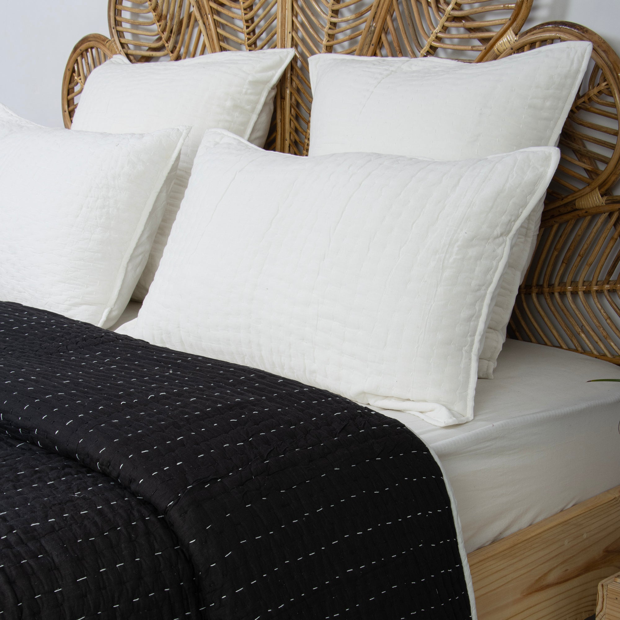 Solid Black Hand Stitched Cotton Kantha Quilt Blanket