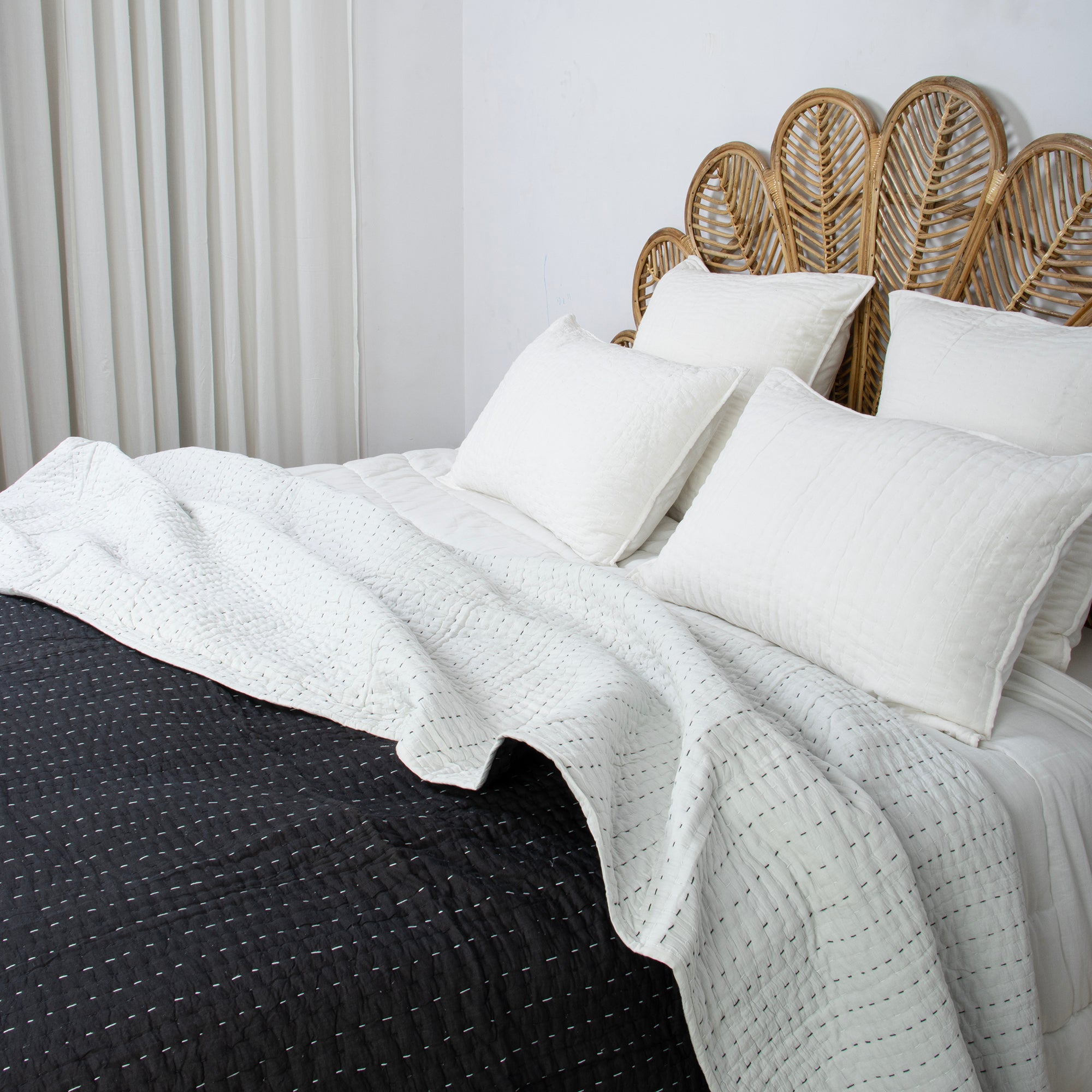 Solid Black Hand Stitched Cotton Kantha Quilt Blanket