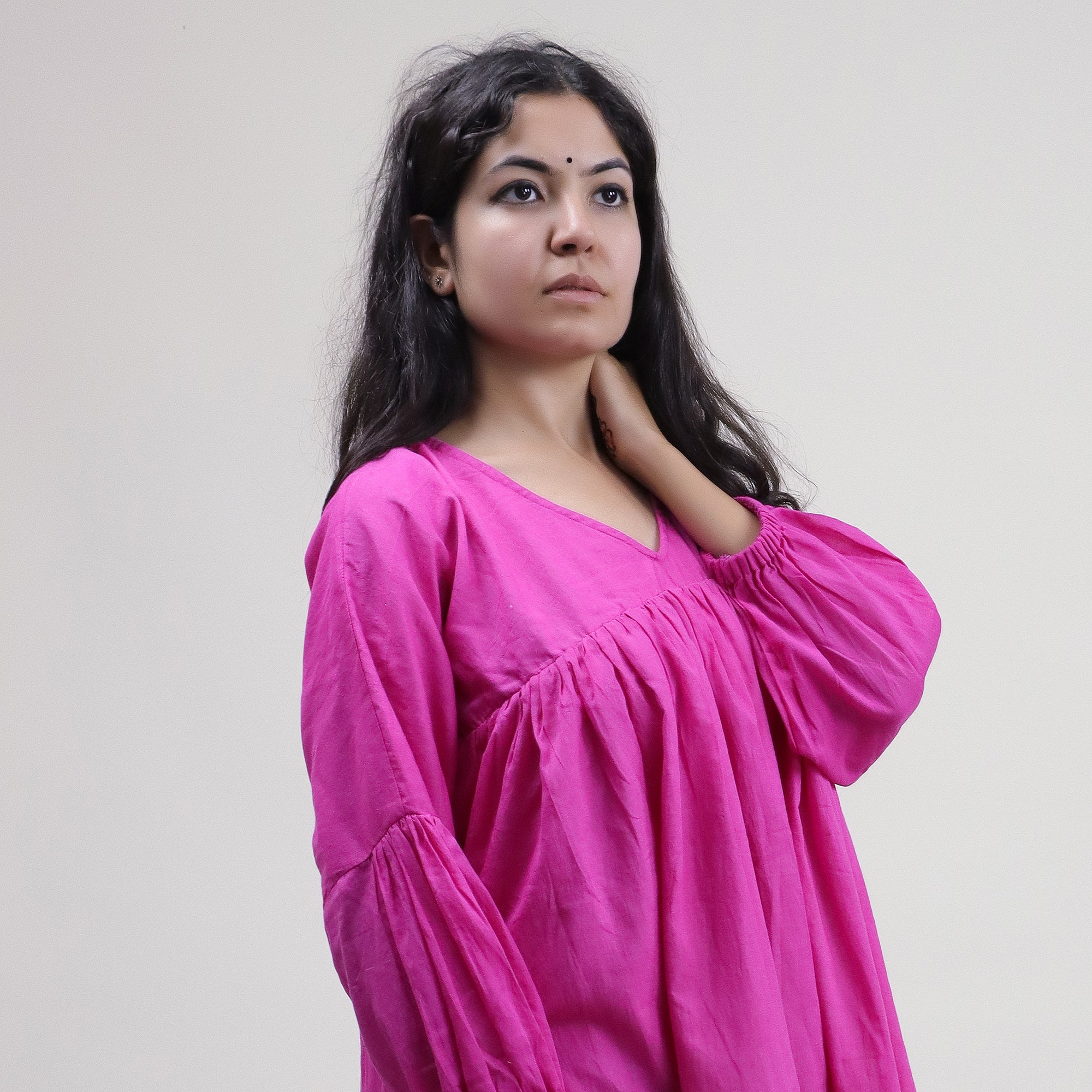 Solid V Neck Hand Dyed Cotton Midi Dress For Women&