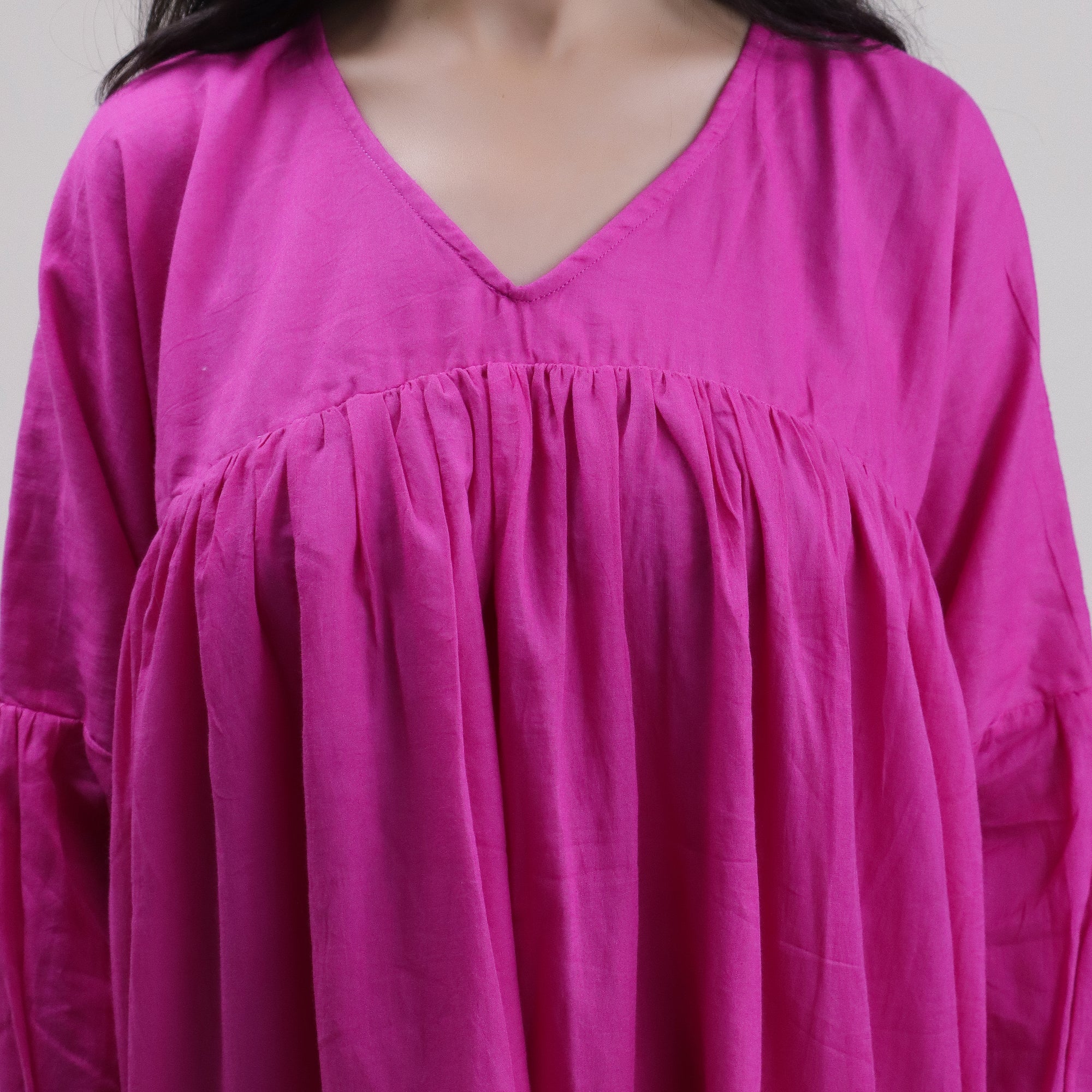 Solid V Neck Hand Dyed Cotton Midi Dress For Women&