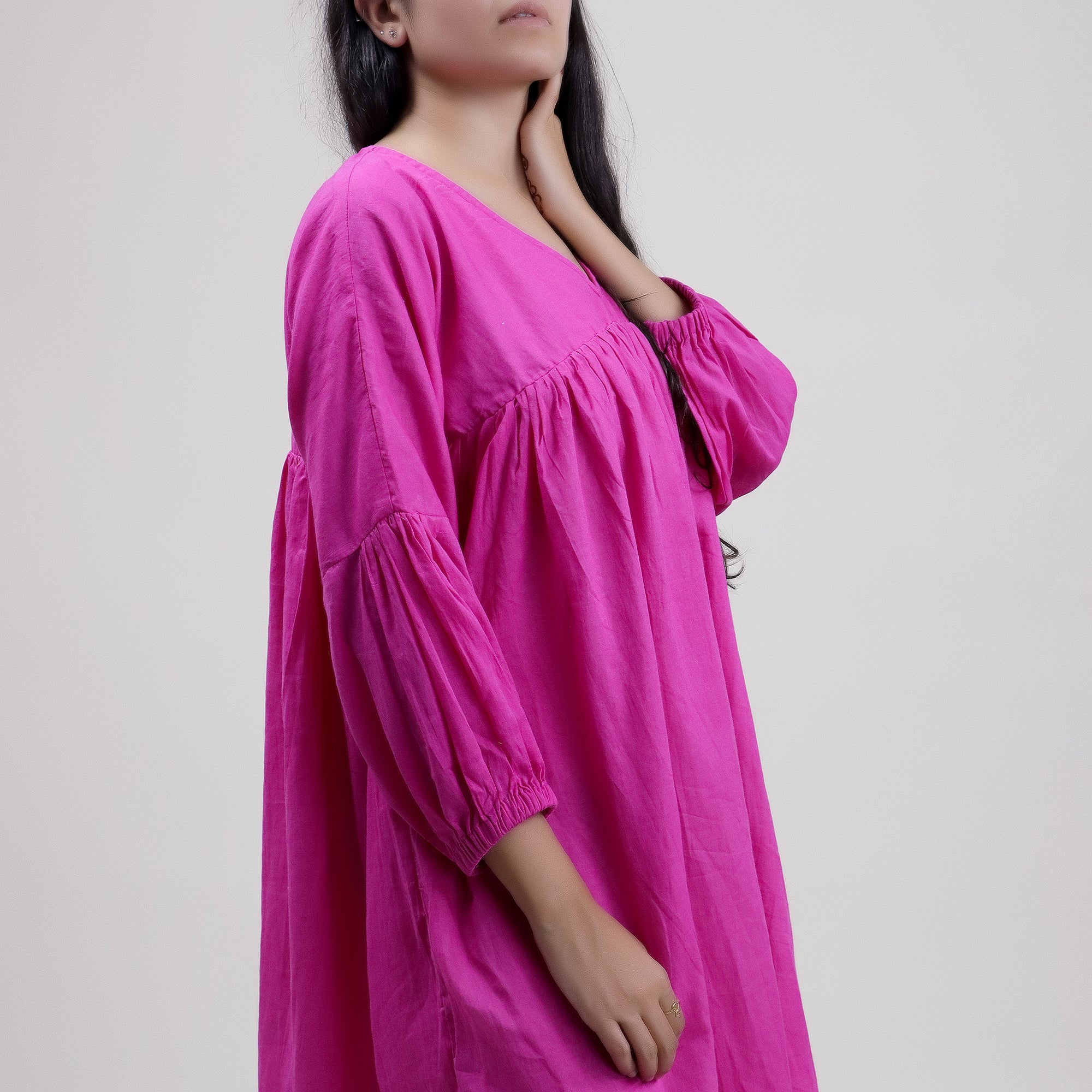 Solid V Neck Hand Dyed Cotton Midi Dress For Women&