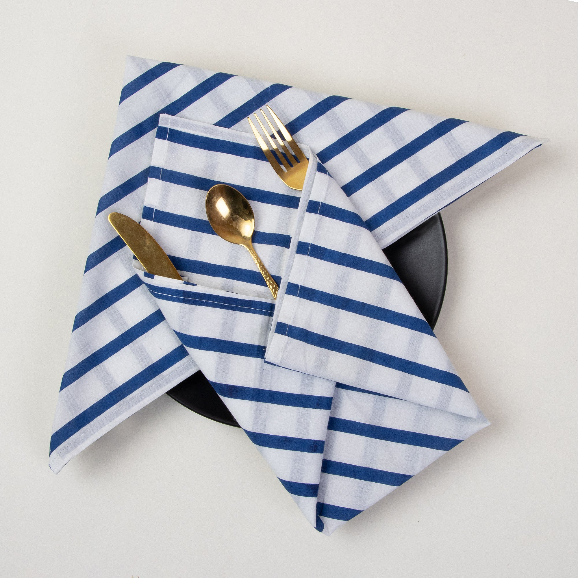 Stirped Hand Block Printed Cotton Reusable Dinner Napkins