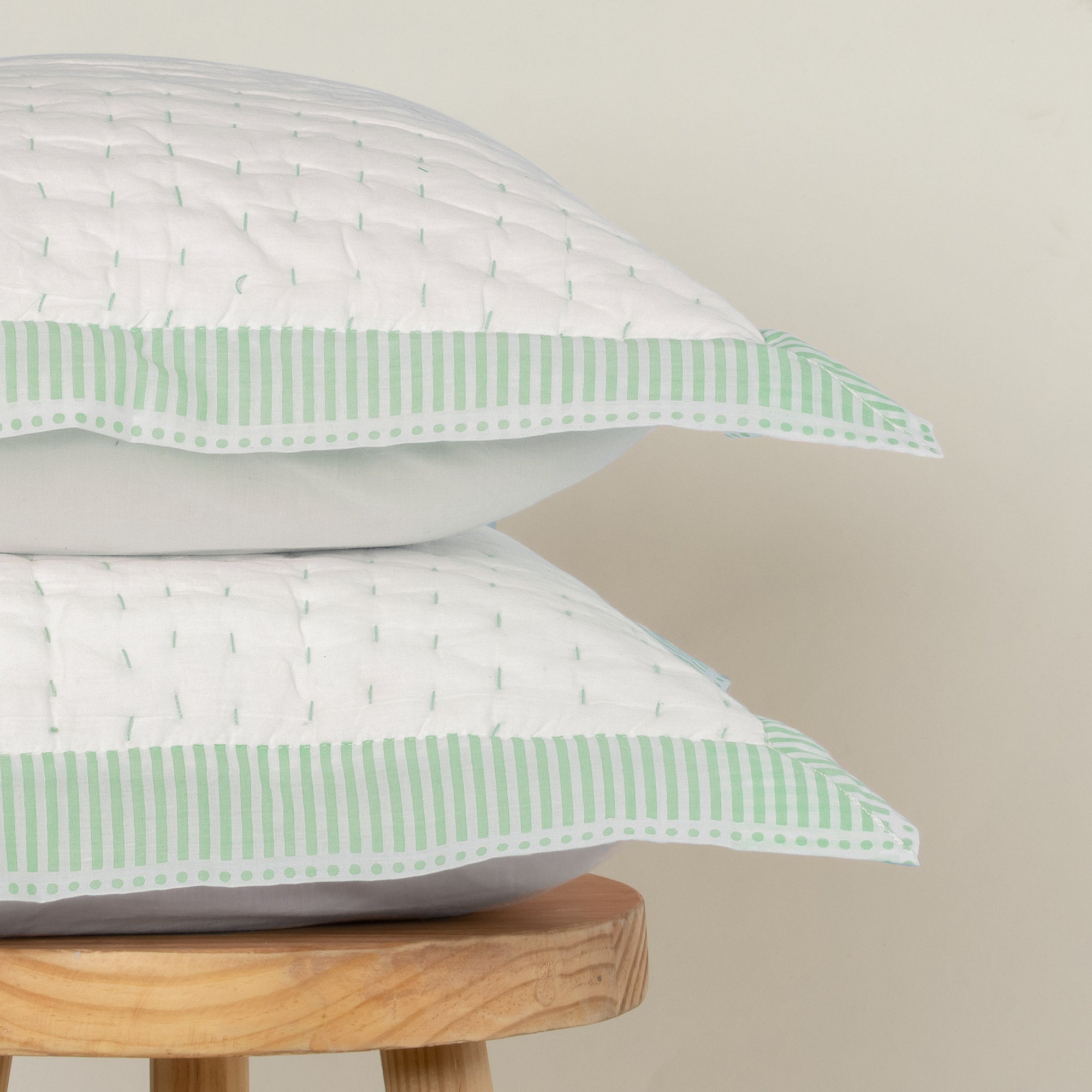 Stylish Hand Made Kantha Stitched Green Stripe Cushion Cover