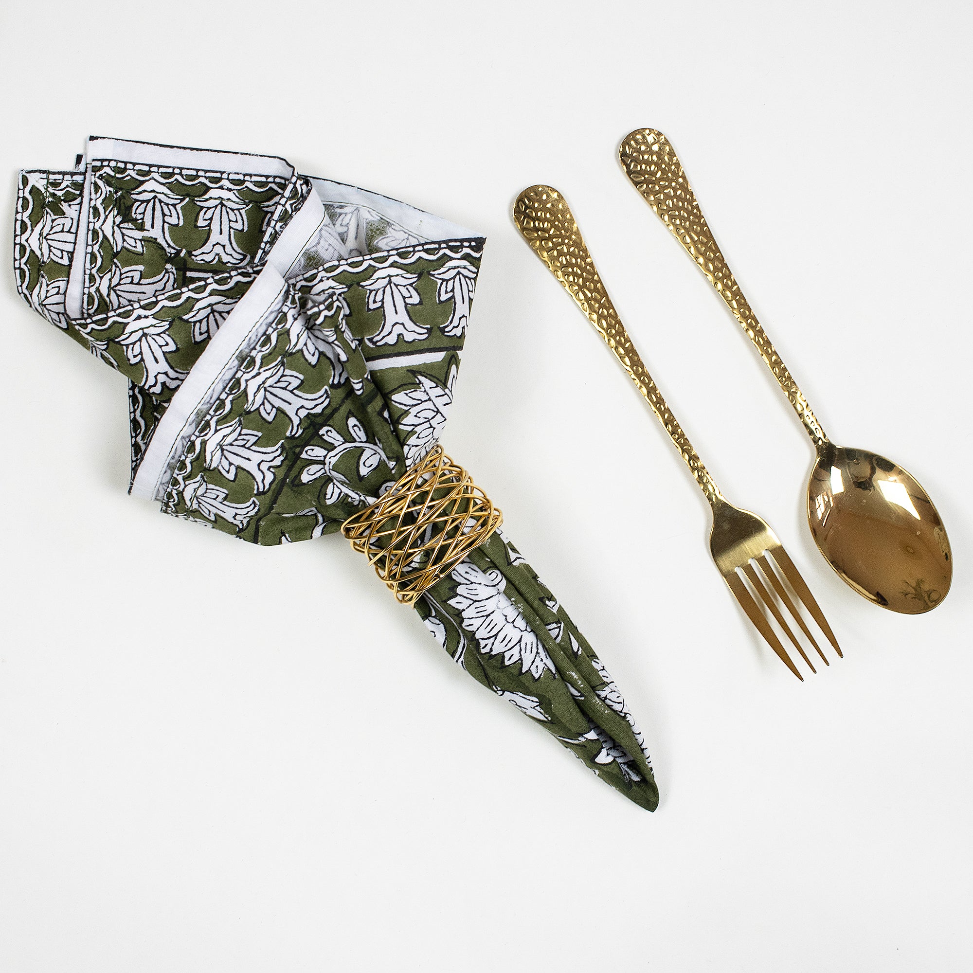 Decorative Green Floral Hand Printed Reusable Border Napkin Cloth for Dinner