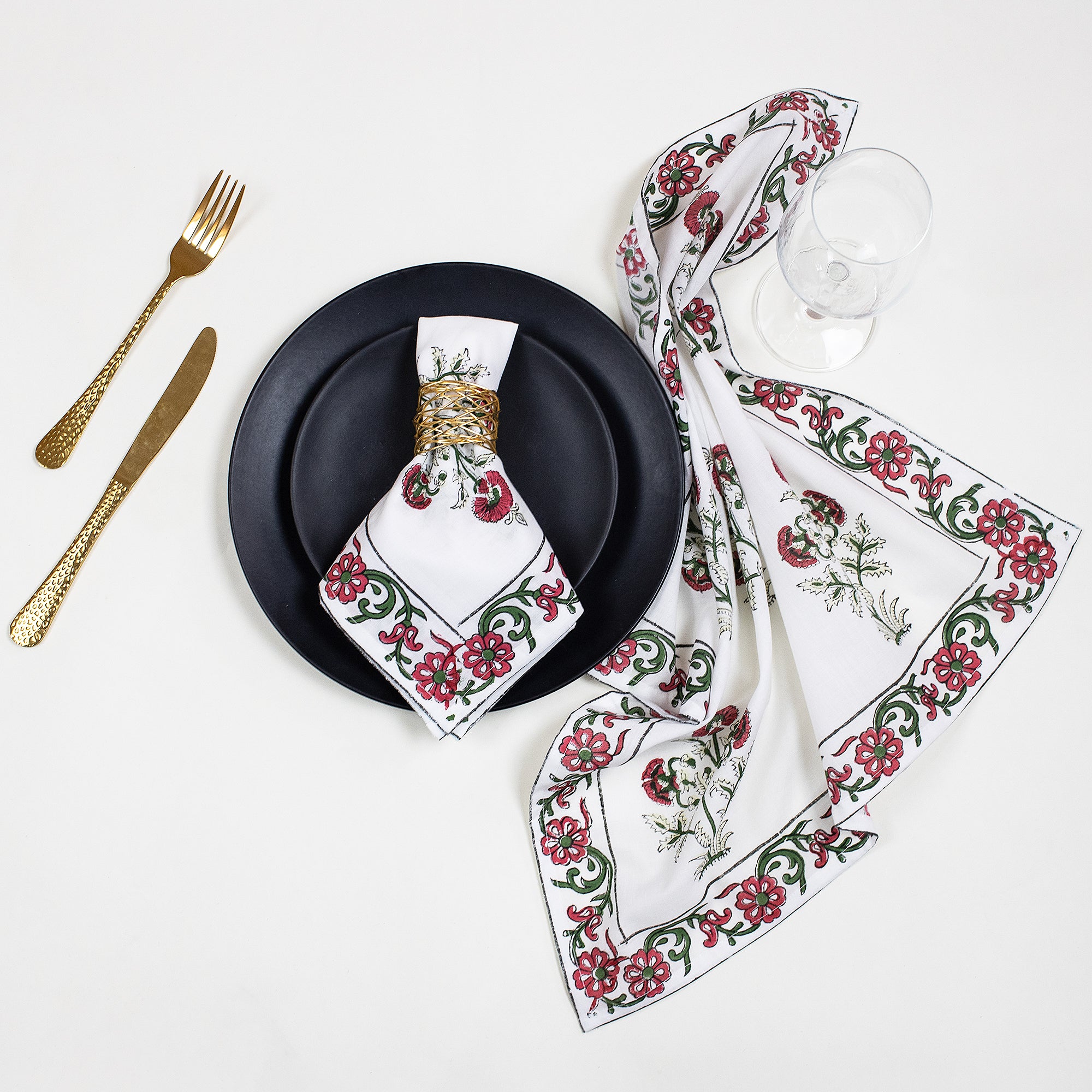 Red Floral Cotton Hand Block Printed Table Napkin For Dinner