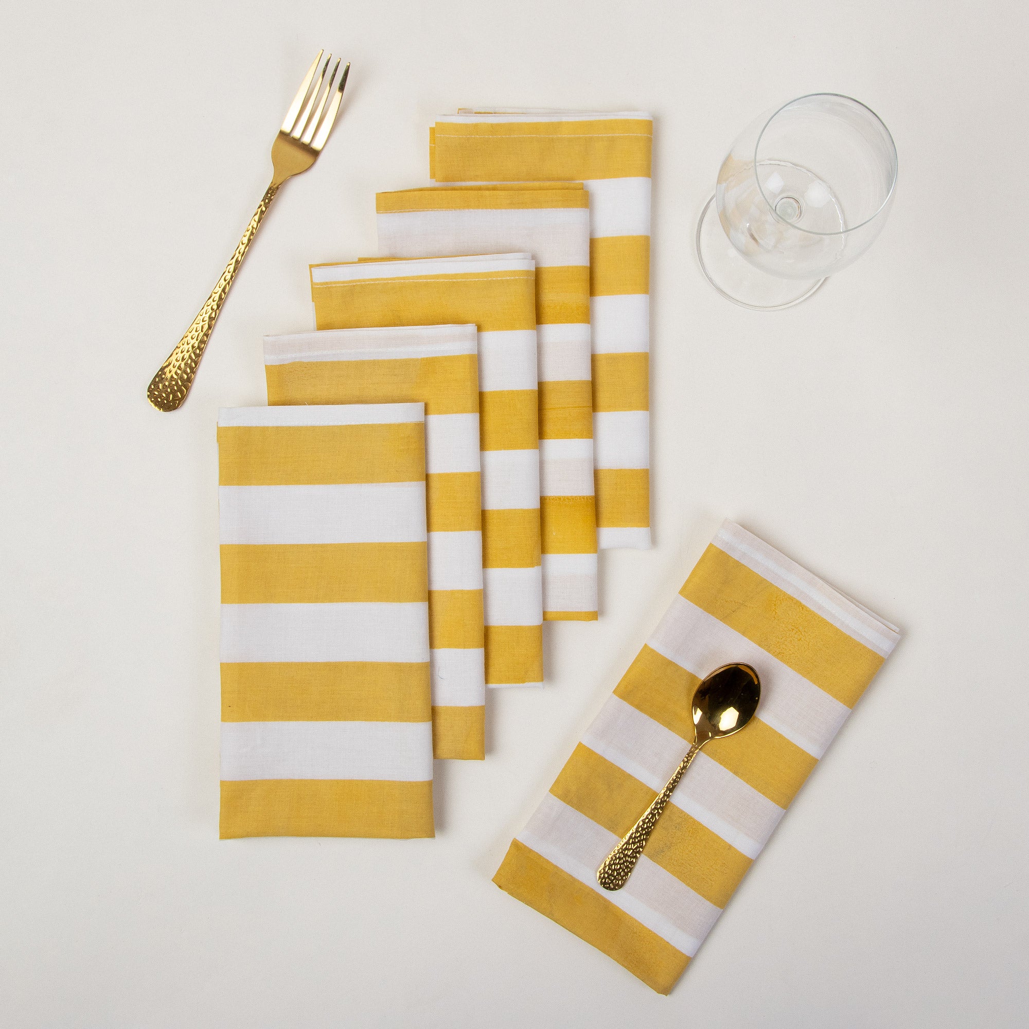 Yellow Striped Hand Block Printed Cotton Napkin Cloth