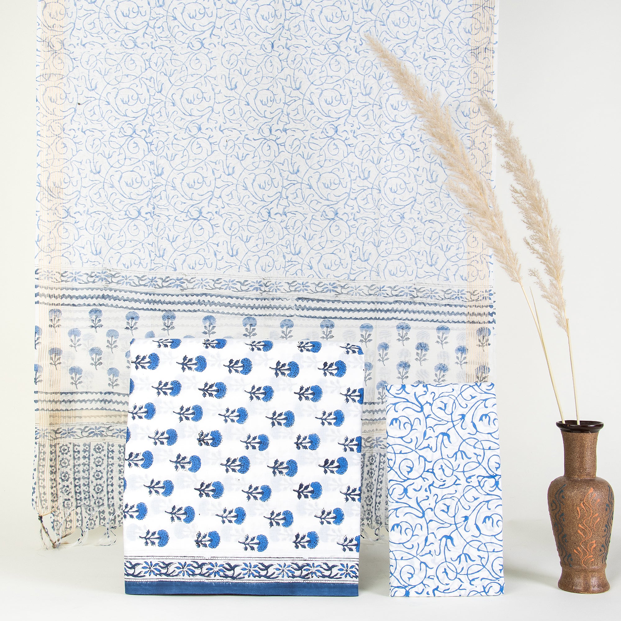 Sky Blue Floral 3 Pcs Dress Hand Block Printed Suits with Kota Doria Dupatta