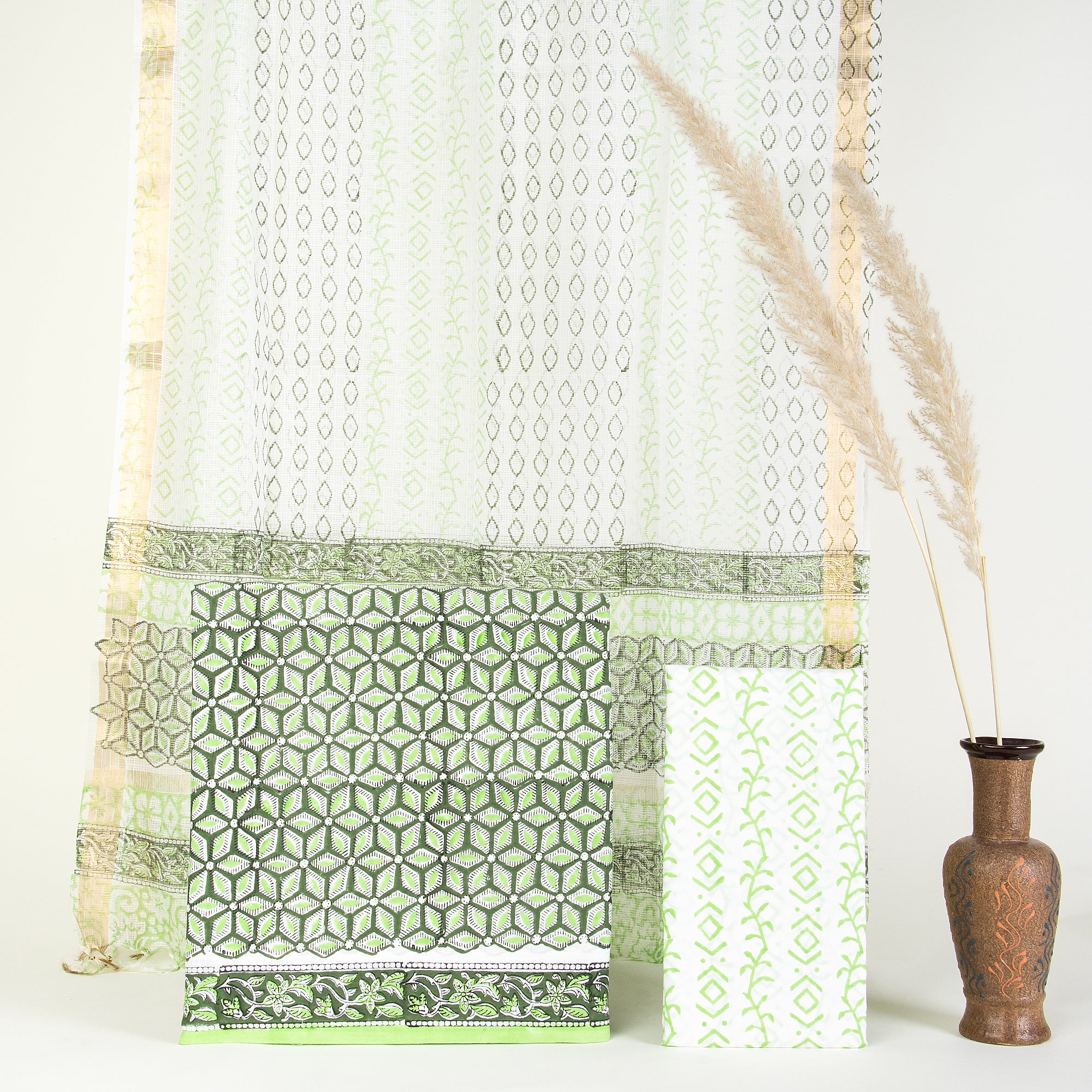 Green Floral Pure Cotton Suit for Women with Kota Doria Dupatta