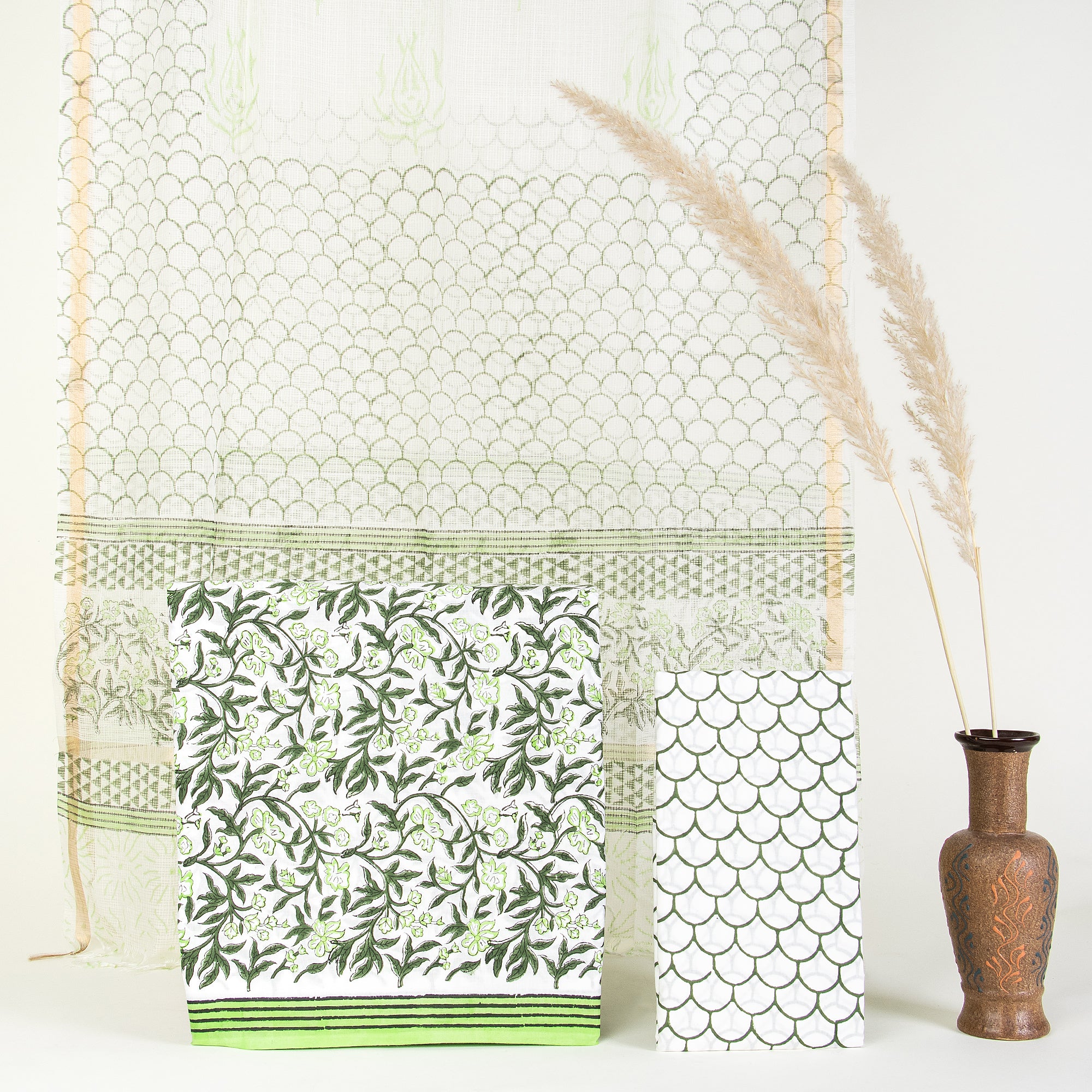 Green Floral Print Women Suit Sets Readymade Cotton Suits with Kota Dupatta