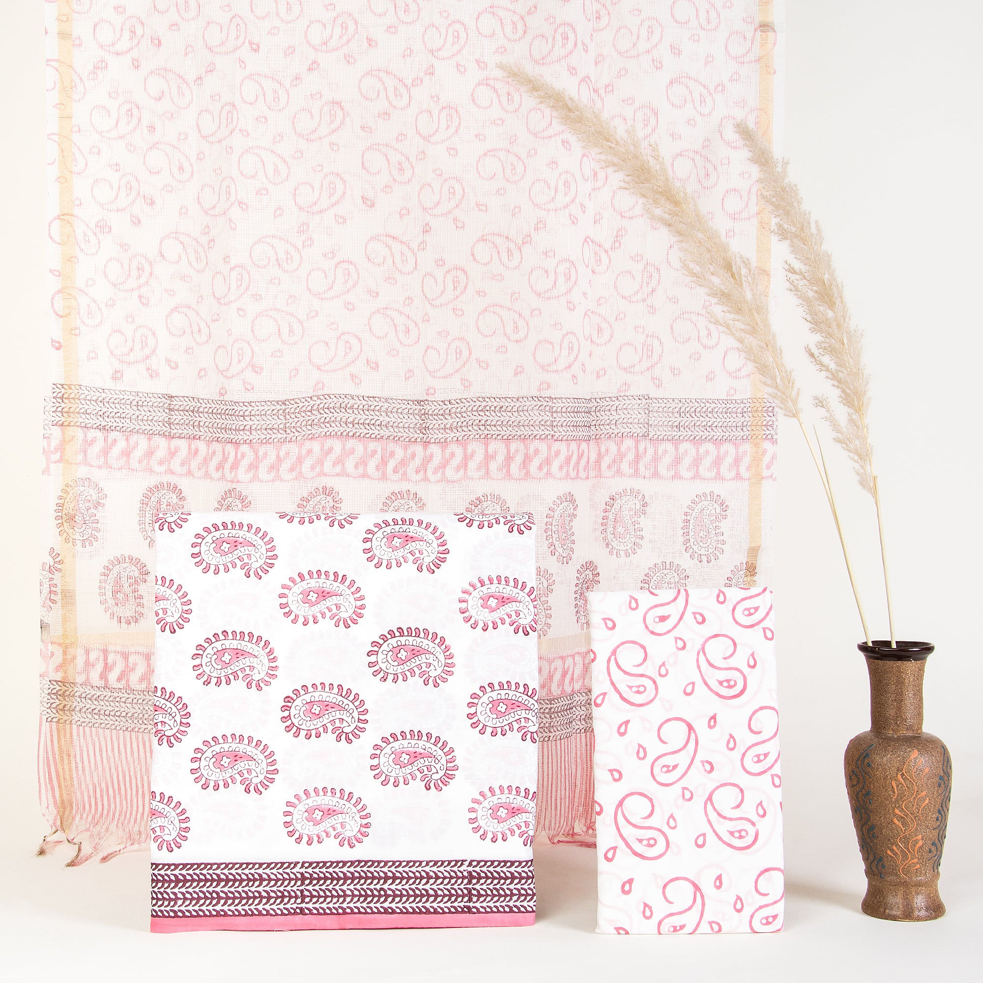 Pink Paisley Hand Printed Suits Three Piece Set Suits with Kota Silk Dupatta