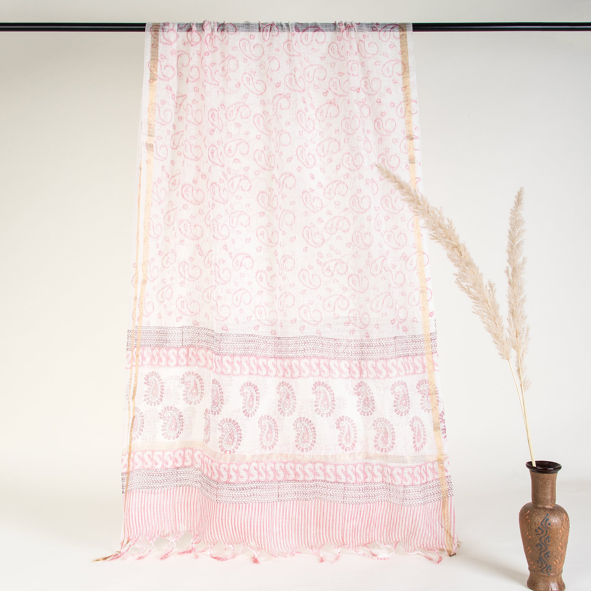 Pink Paisley Hand Printed Suits Three Piece Set Suits with Kota Silk Dupatta