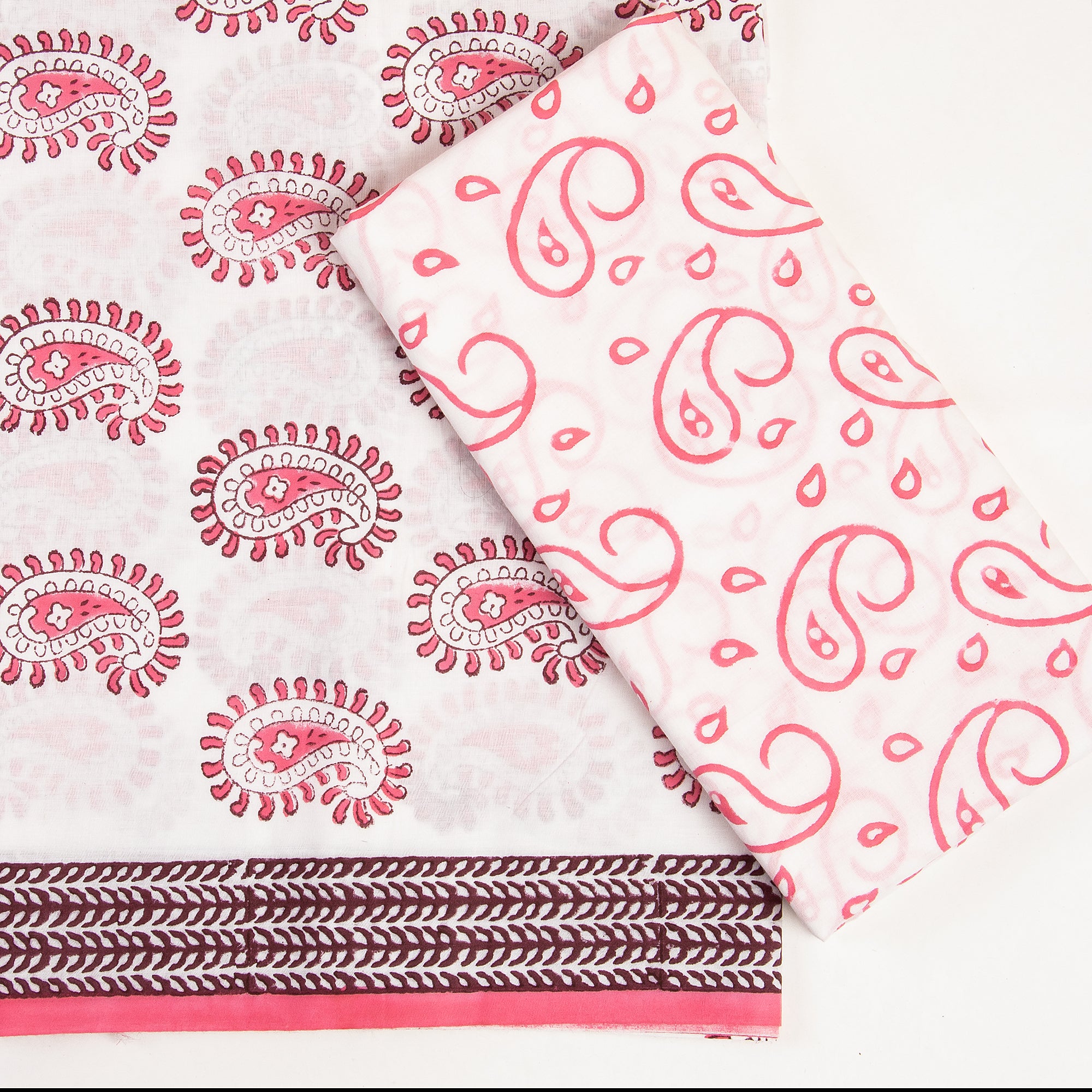 Pink Paisley Hand Printed Suits Three Piece Set Suits with Kota Silk Dupatta