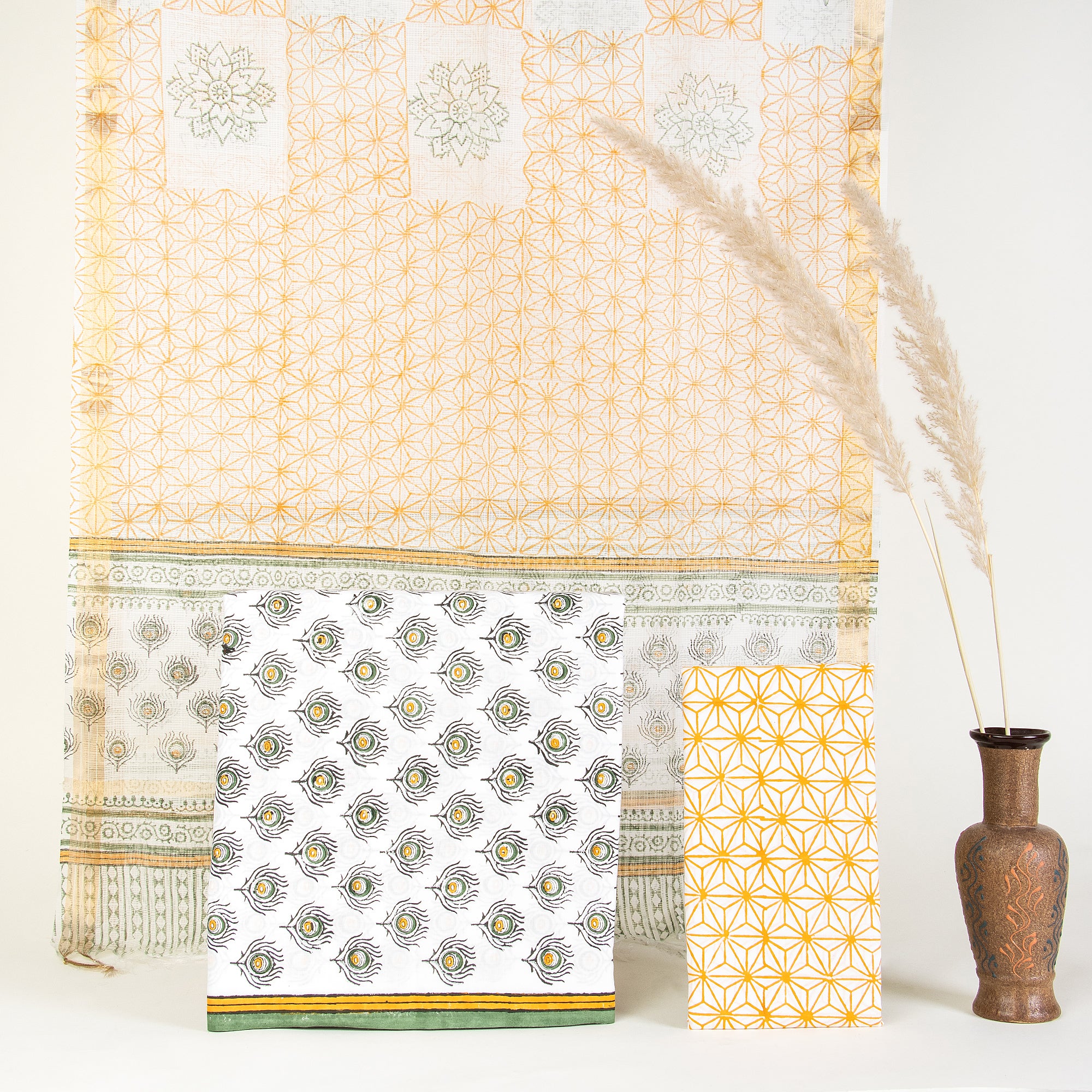 Yellow Floral Hand Block 3 Piece Set for Women Suits with Kota Dupatta