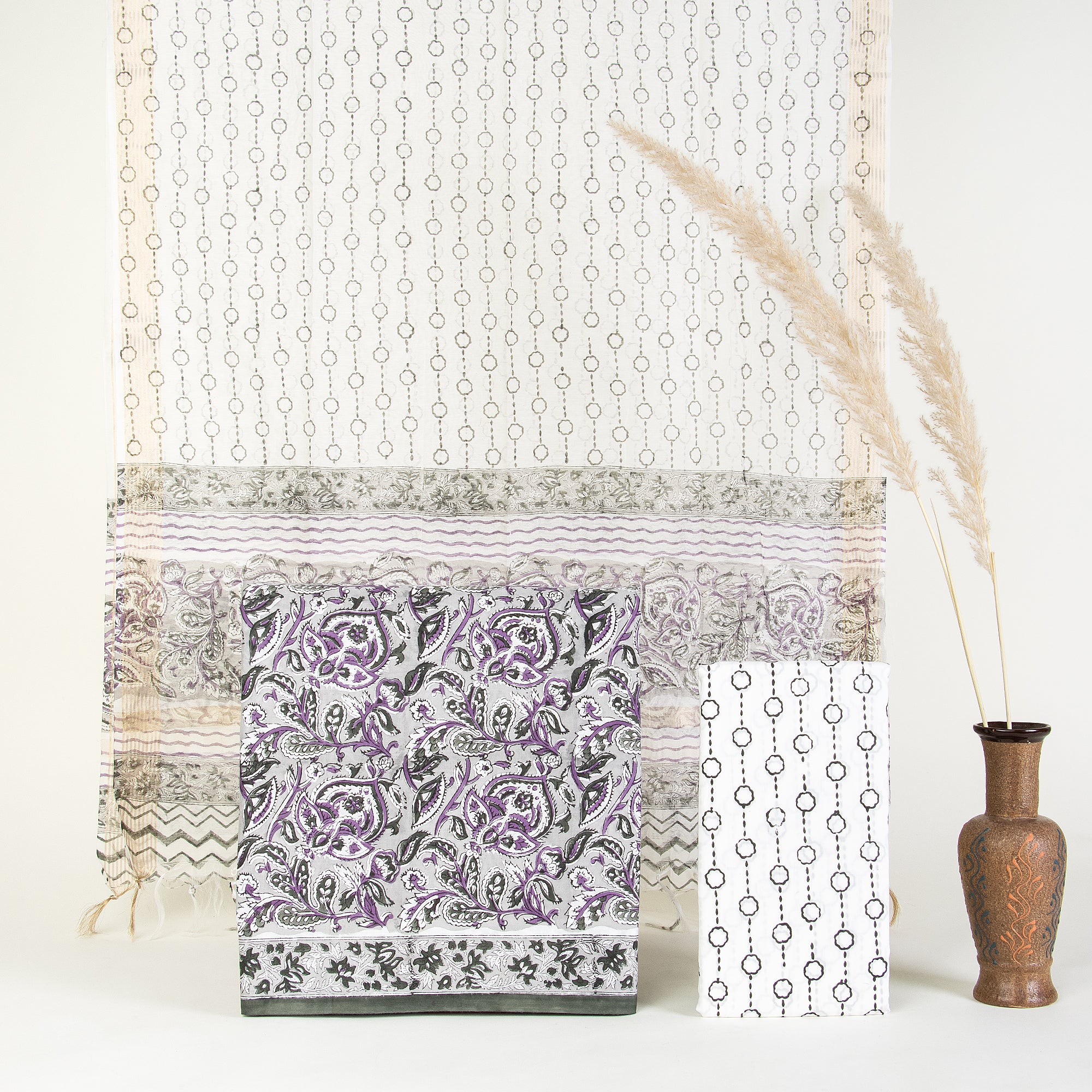 Blue Floral Print Cotton Suits with Cotton Dupatta