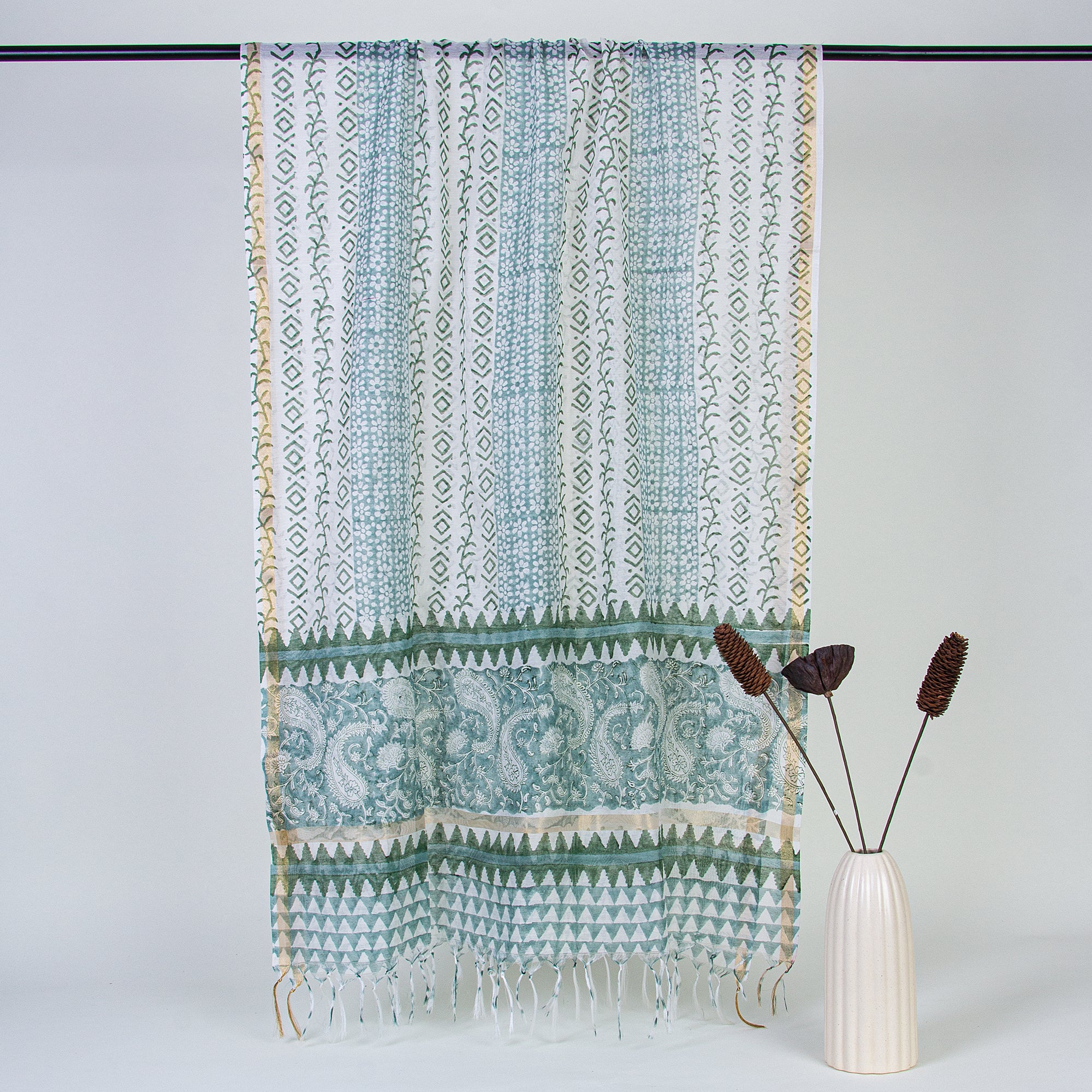 Green Paisley 3 Piece Suit for Women Cotton Suits with Kota Doria Dupatta